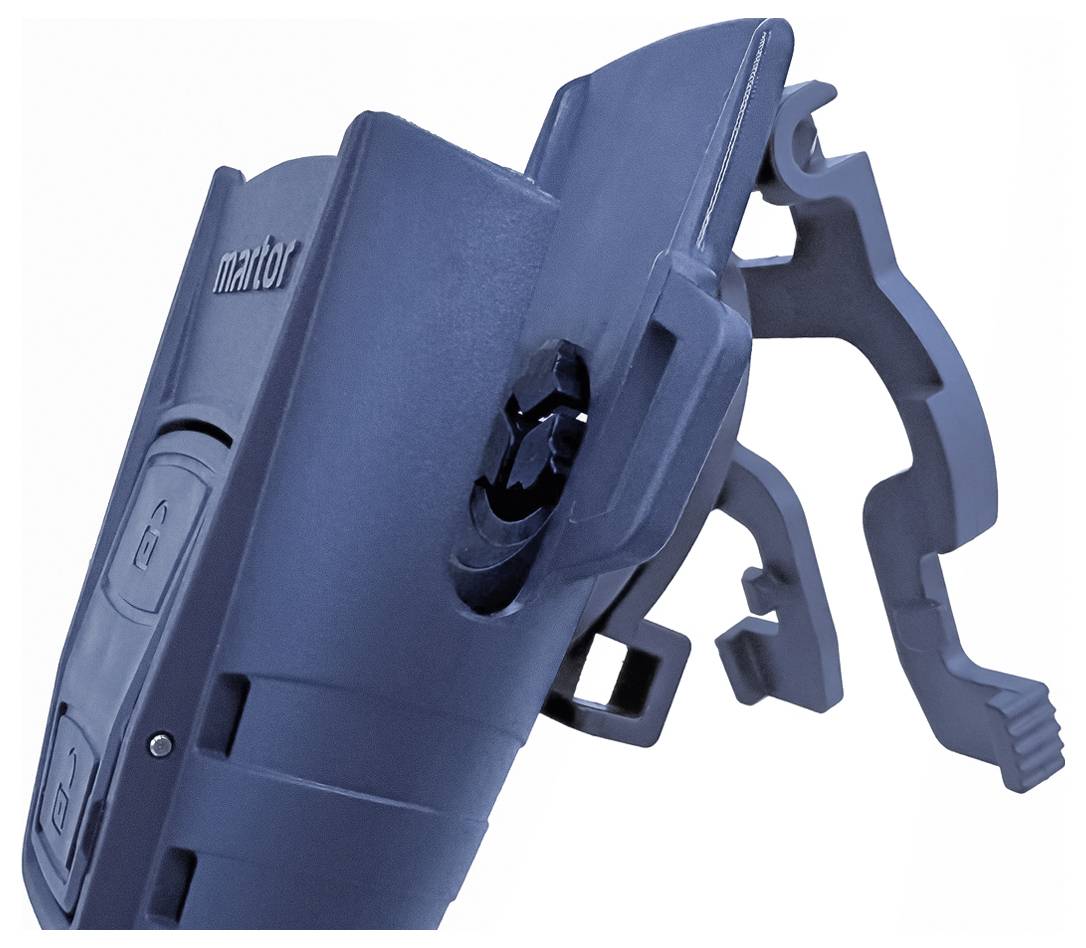 Blauer Sicherheitsschneider mit Klingenschutz und ergonomischem Griff, geeignet zum Schneiden von Verpackungen oder Karton.