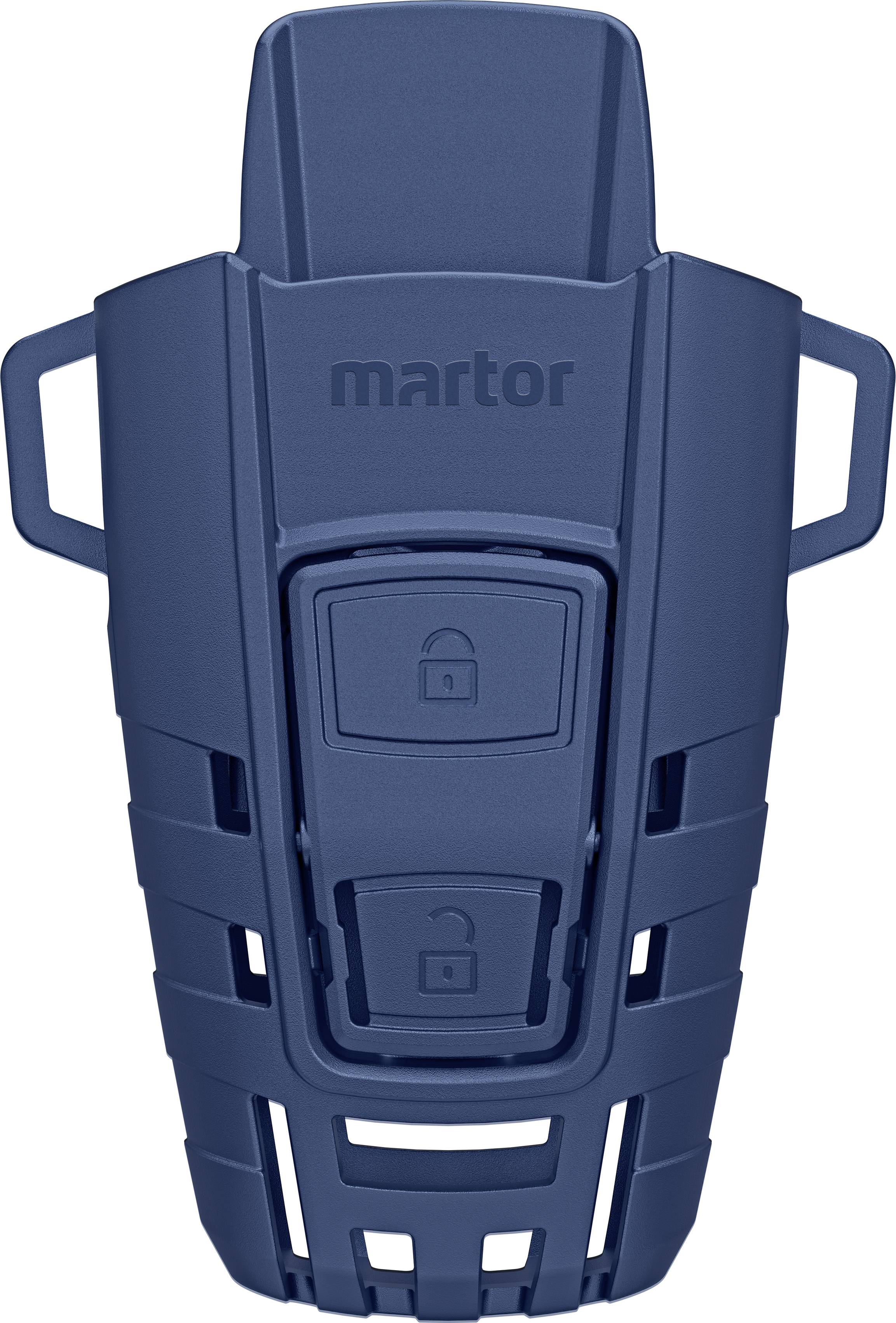 Ein blaues Sicherheitsmesser mit einer Verriegelungsfunktion auf der Vorderseite. 'martor'-Logo sichtbar.