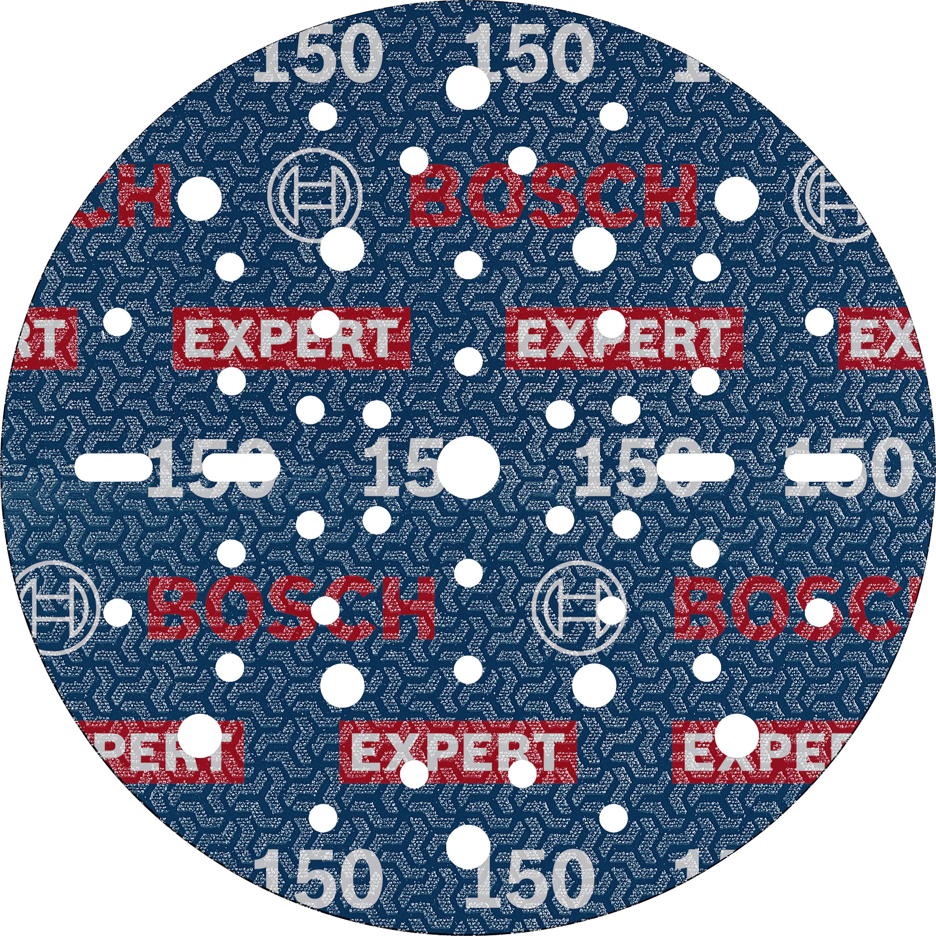 'Bosch Expert' Schleifpapier, kreisförmig mit vielen Löchern, bedruckt mit Logos 'Bosch' und 'Expert', sowie der Zahl '150'.