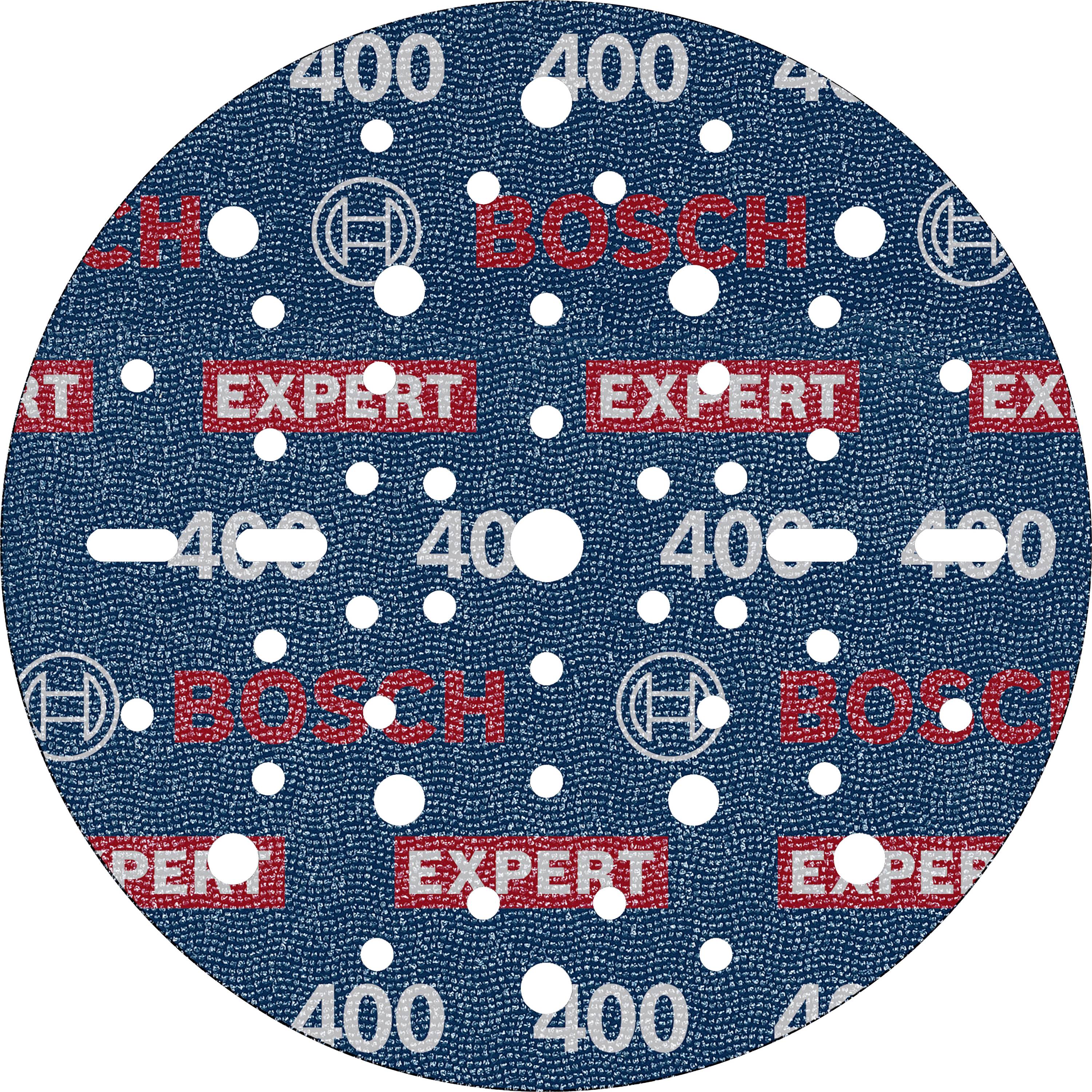 Blauer Schleifteller mit der Aufschrift 'BOSCH EXPERT 400', zahlreichen Löchern und stilisiertem Bohrersymbol.