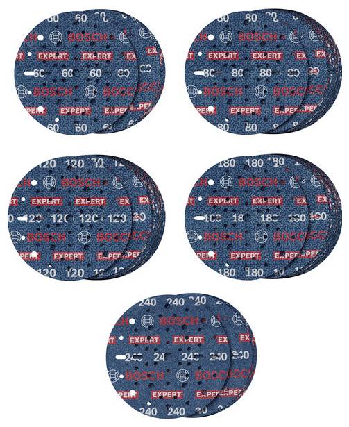 Fünf gestapelte Schleifscheiben mit unterschiedlichen Körnungen, gekennzeichnet von Bosch, Körnungen von 60 bis 240.