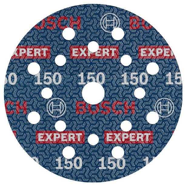 Schleifscheibe mit 15 Löchern, blauer Hintergrund, rote Beschriftung 'Bosch' und 'Expert', weiße Zahl '150', Bosch-Logo.