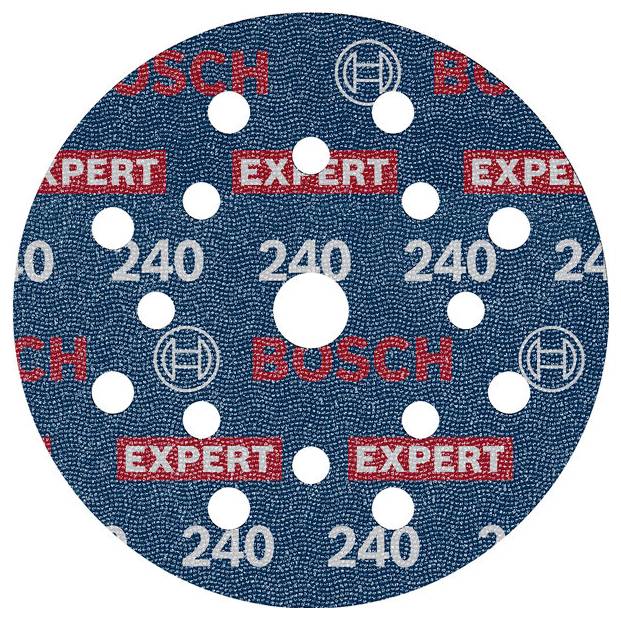 Kreisförmiges Schleifpapier mit der Aufschrift 'BOSCH', 'EXPERT', und '240'. Mehrere Löcher zur Staubabsaugung sind sichtbar.