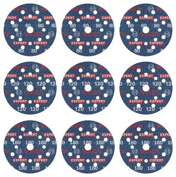 Neun Schleifscheiben mit verschiedenen Körnungen von 80 bis 180, bedruckt mit den Worten 'Expert' und Logos.