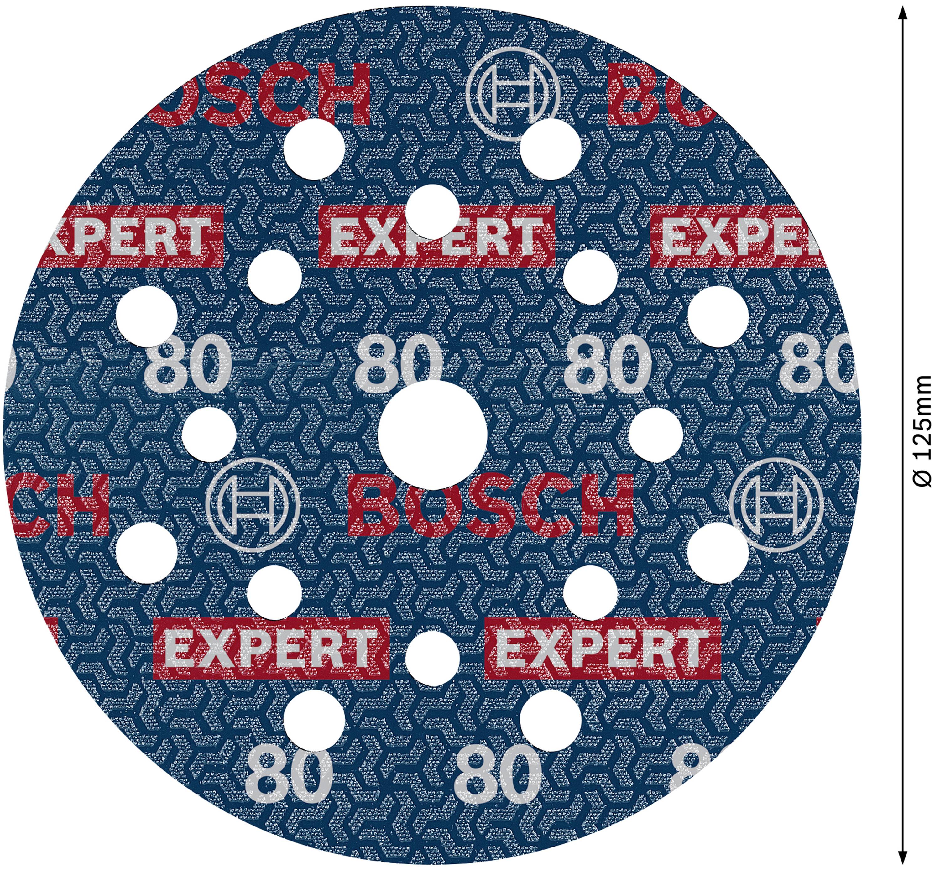 Scheibenförmiges Schleifpapier mit mehreren Löchern, Aufdruck 'EXPERT', 'BOSCH', und '80', zeigt 125 mm Durchmesser.