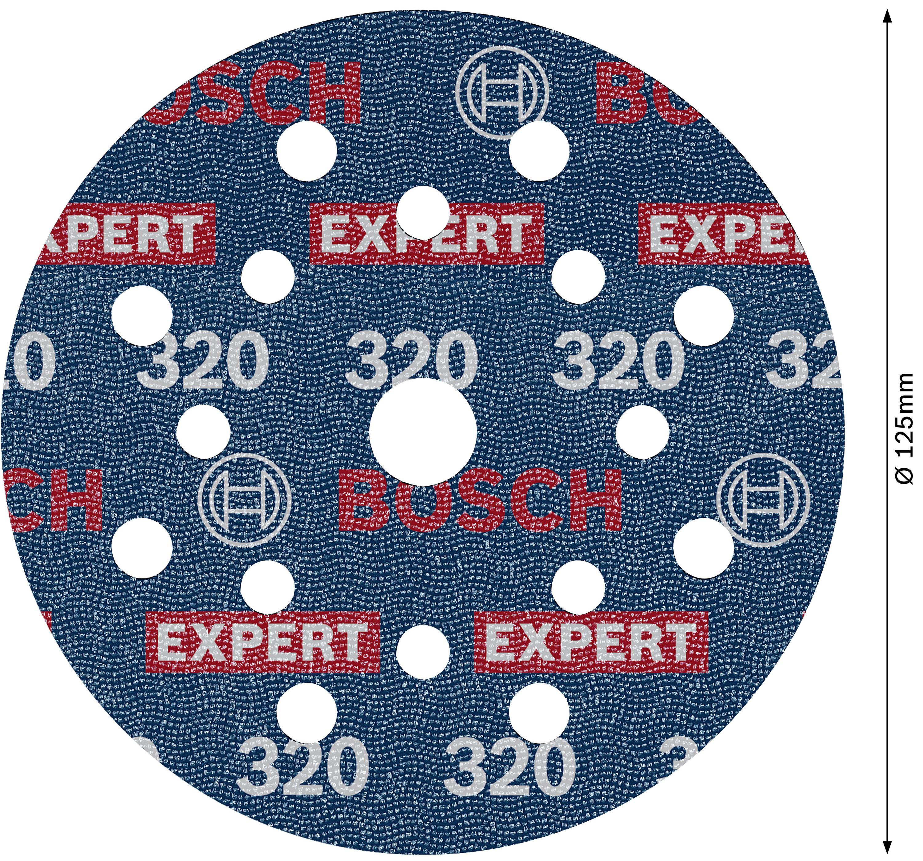 Blaues Schleifpapier mit 'BOSCH' und 'EXPERT'-Aufdruck in Weiß und Rot. Runde Scheibe, Durchmesser 125mm, 14 Löcher.