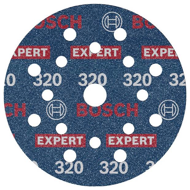 Schleifpapier mit runder Form für eine Schleifmaschine, mit Aufschrift 'BOSCH', 'EXPERT', und '320'. Hat mehrere Löcher für Staubabsaugung.