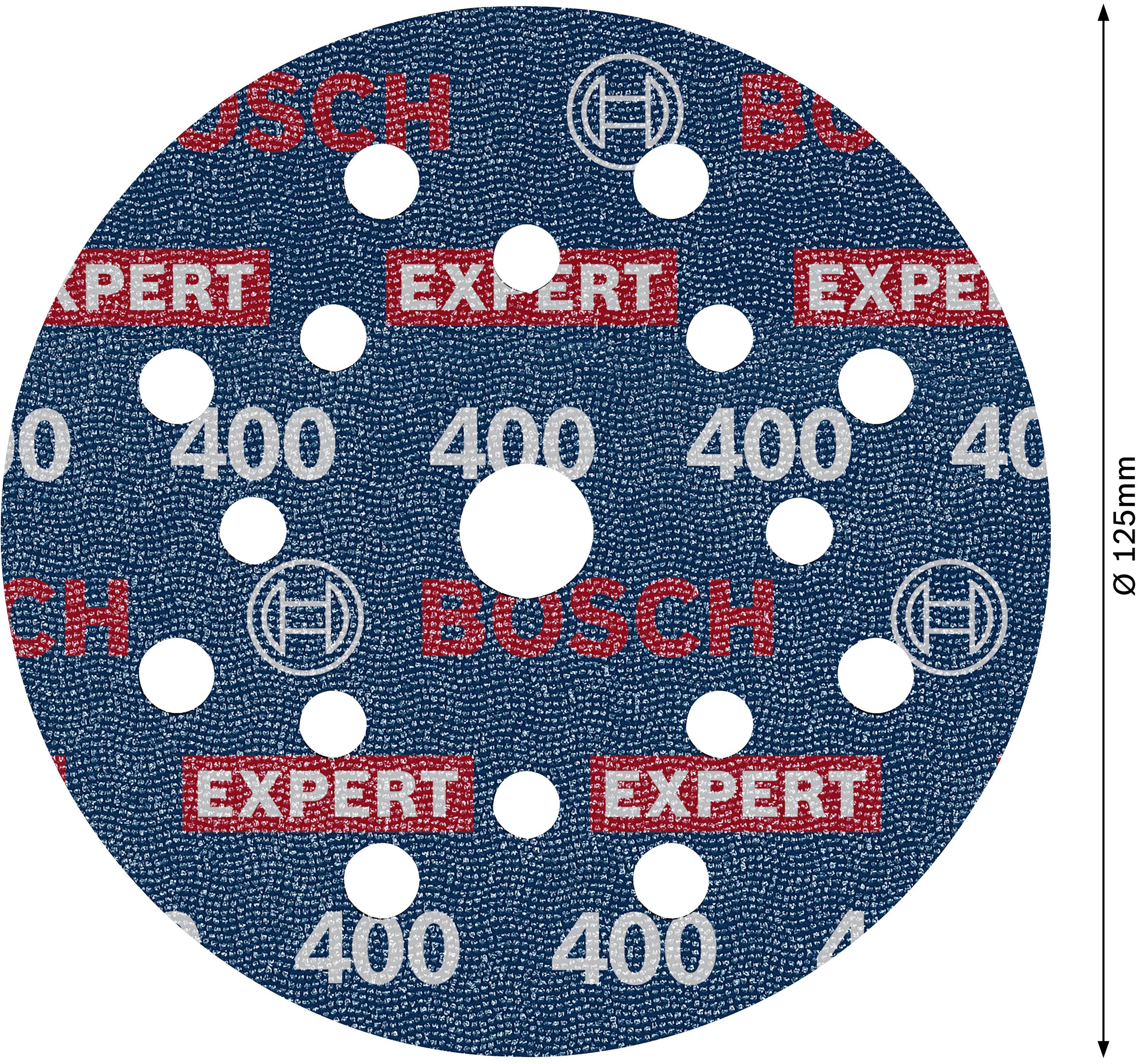 Schleifscheibe mit Bosch-Logo, Text 'Expert 400', 15 Löcher zur Staubabsaugung, Durchmesser 125 mm.