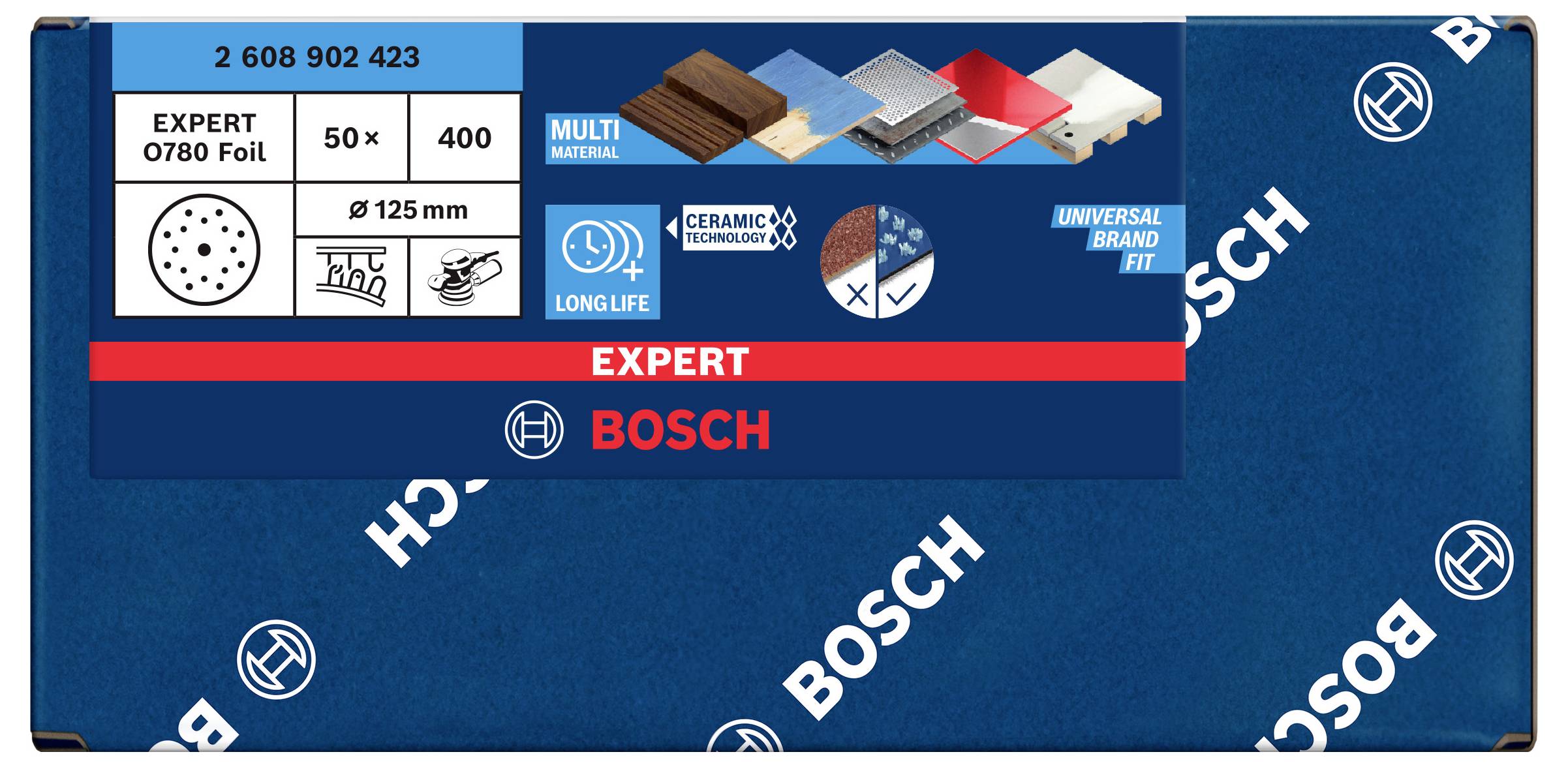 Bosch Schleifblätter Expert 0780, Ø 125 mm, 50 Stück, geeignet für verschiedene Materialien und Marken, mit langlebiger Keramiktechnologie.
