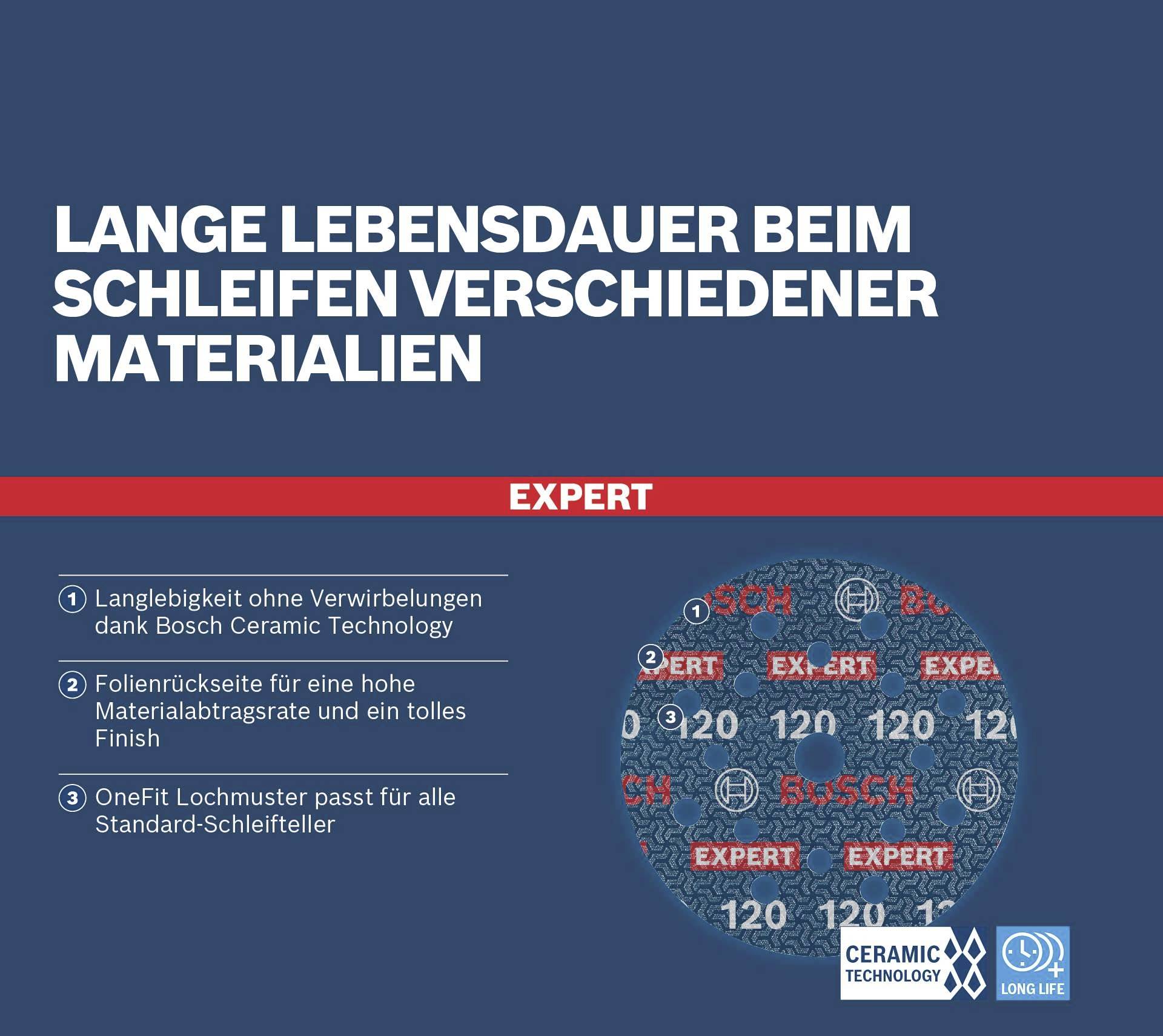 'Expert' Schleifscheiben: Lange Lebensdauer bei vielseitigem Materialeinsatz, dank Bosch Ceramic Technology. Enthält langlebige, effiziente Eigenschaften.