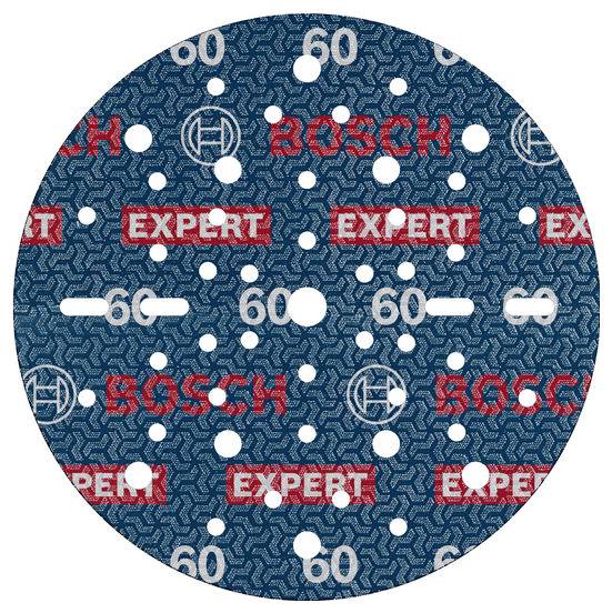 Schleifscheibe von Bosch mit der Aufschrift 'Expert' und Körnung 60. Runde Form mit mehreren Löchern, geeignet für Holz- und Farbentfernung.