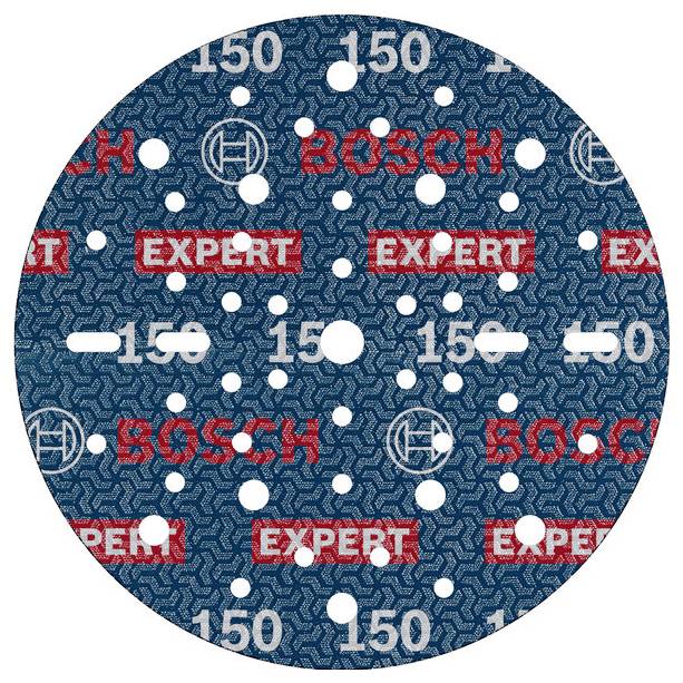 Ein Schleifpapier in runder Form mit vielen Löchern, Markenname 'Bosch Expert' und der Zahl '150' mehrmals sichtbar.