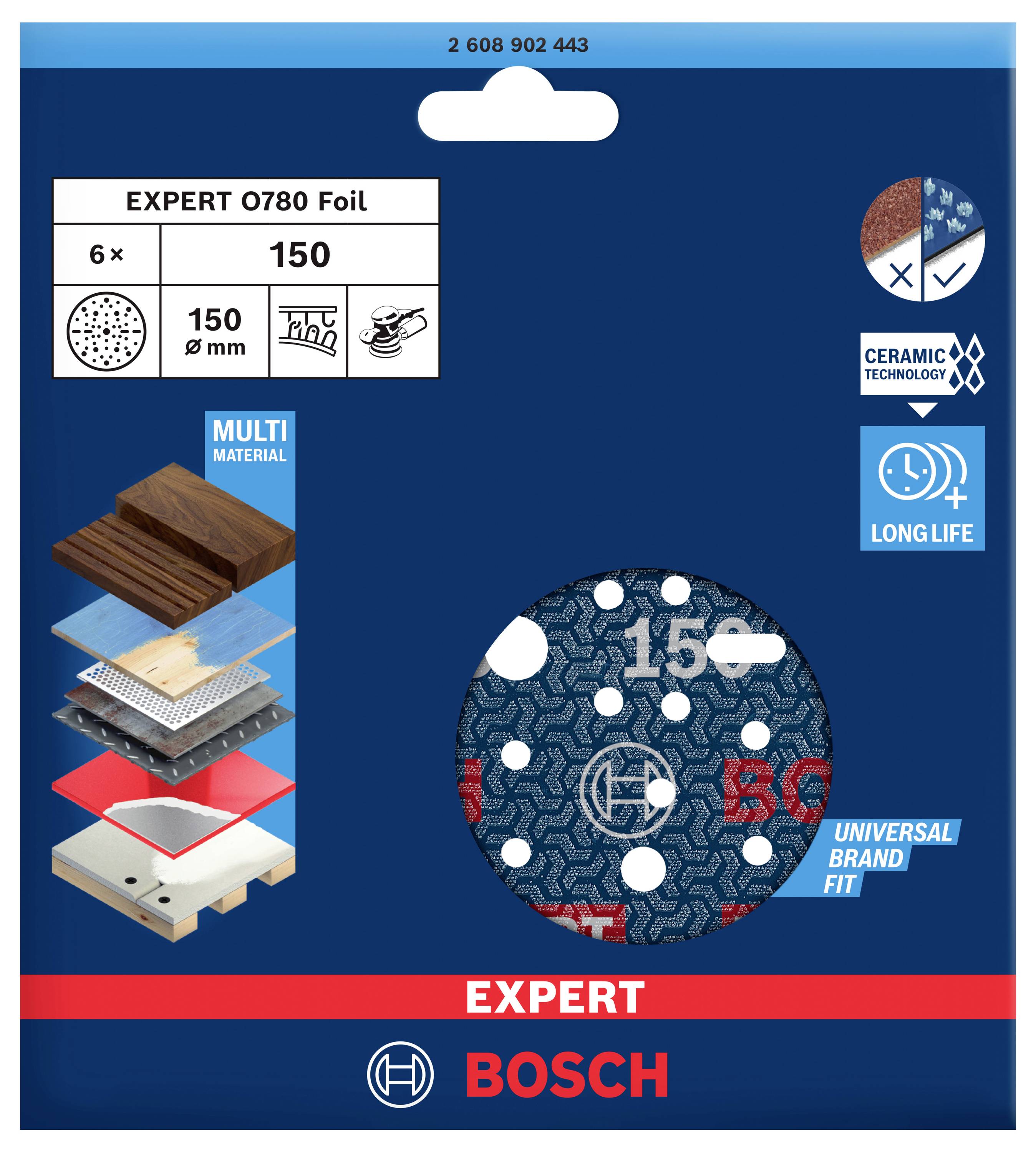 Verpackung für Bosch Schleifscheibe, Modell 'Expert 0780 Foil'. Geeignet für Multi-Materialien, 150 mm Durchmesser, hohe Langlebigkeit.