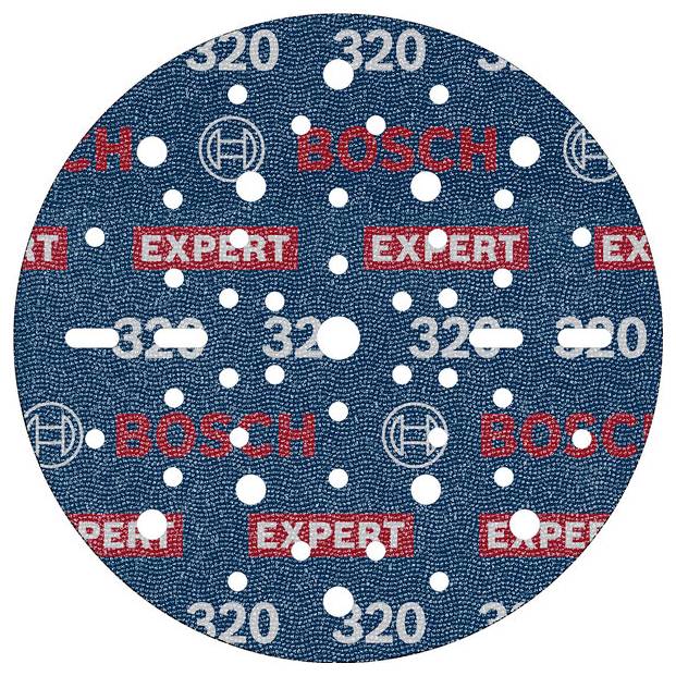 Ein rundes Schleifpapier von Bosch mit der Aufschrift 'EXPERT' und '320', hat viele Löcher für Staubabsaugung, geeignet für Maschinen.