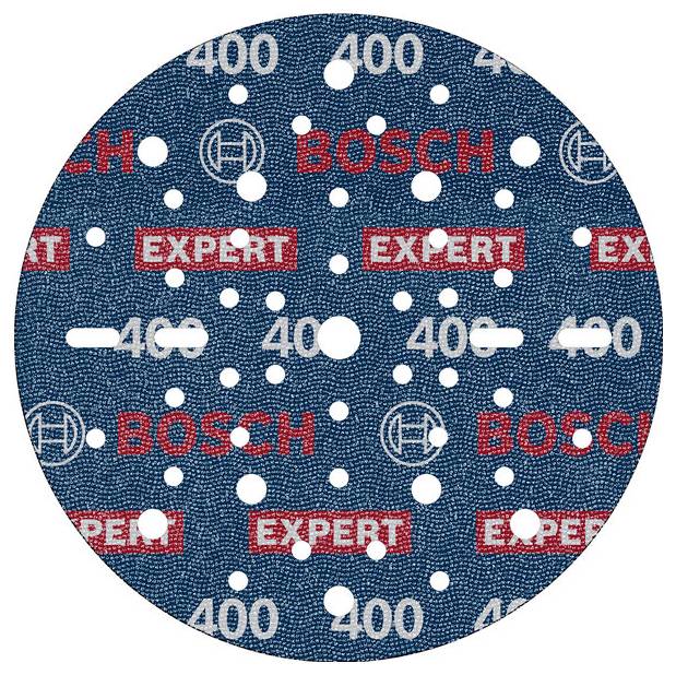 Runde Schleifscheibe mit der Aufschrift 'BOSCH', 'EXPERT' und '400'. Enthält viele Löcher für Staubabsaugung.