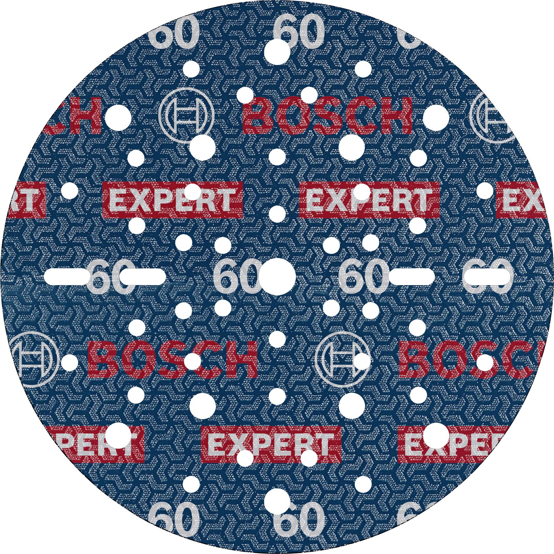 Runde Schleifscheibe mit vielen Löchern, blaues Muster. Aufschrift 'Bosch Expert'. Geeignet für effizientes Schleifen, Körnung 60.