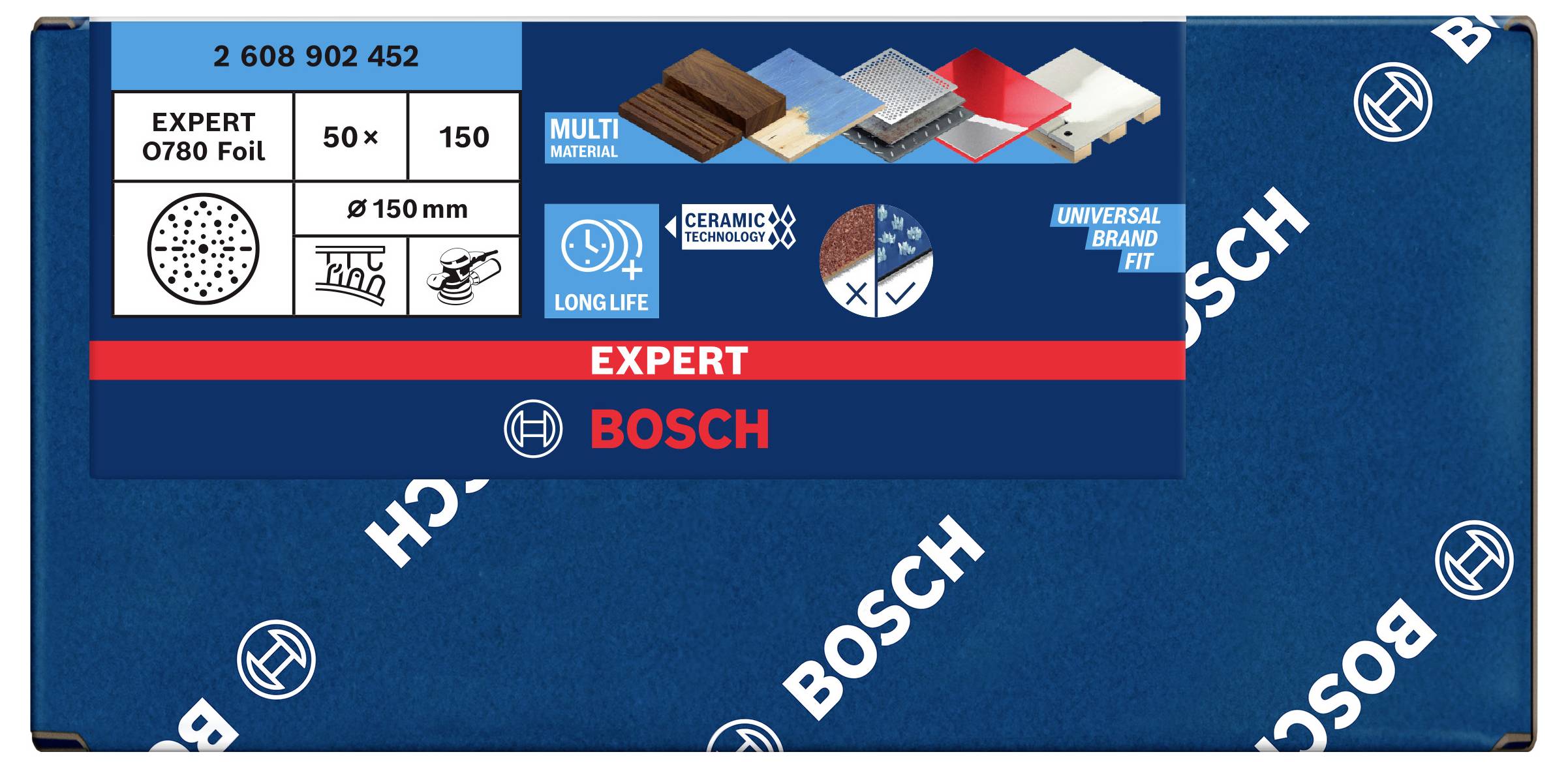 Bosch Schleifscheibenverpackung mit Informationen zu Materialien und Technologien. Scheibendurchmesser 150 mm, 50 Stück.