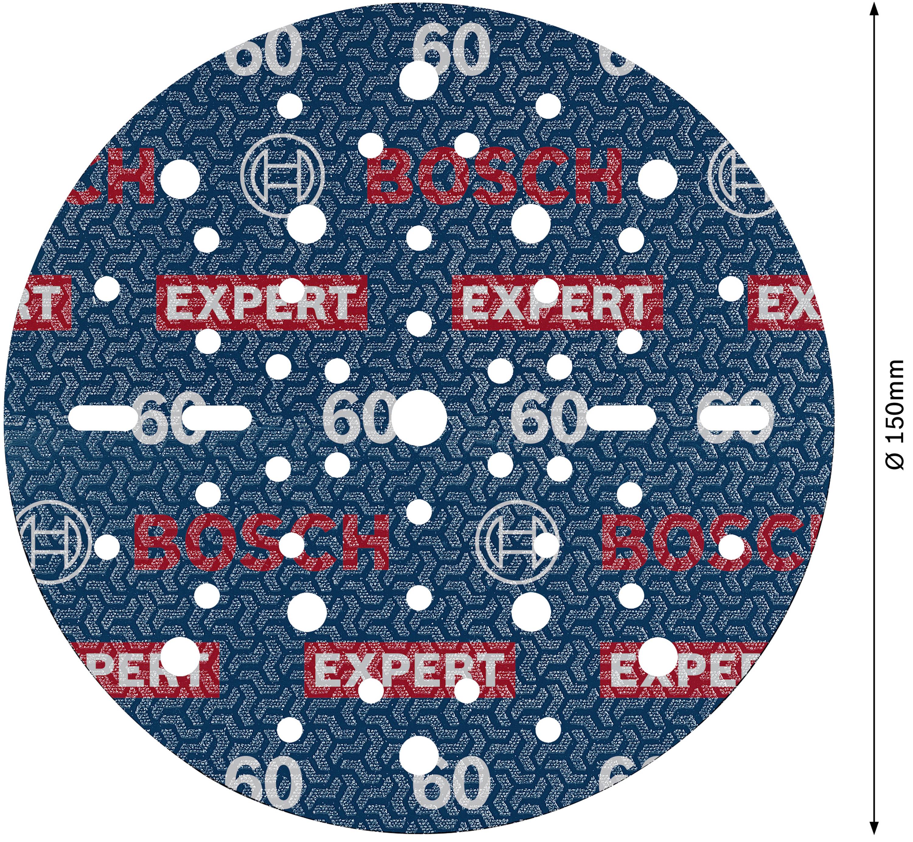 Schleifscheibe von Bosch, Ø 150 mm, Körnung 60, mit mehreren Löchern zur Staubabsaugung, Markenlogos 'BOSCH' und 'EXPERT' sichtbar.