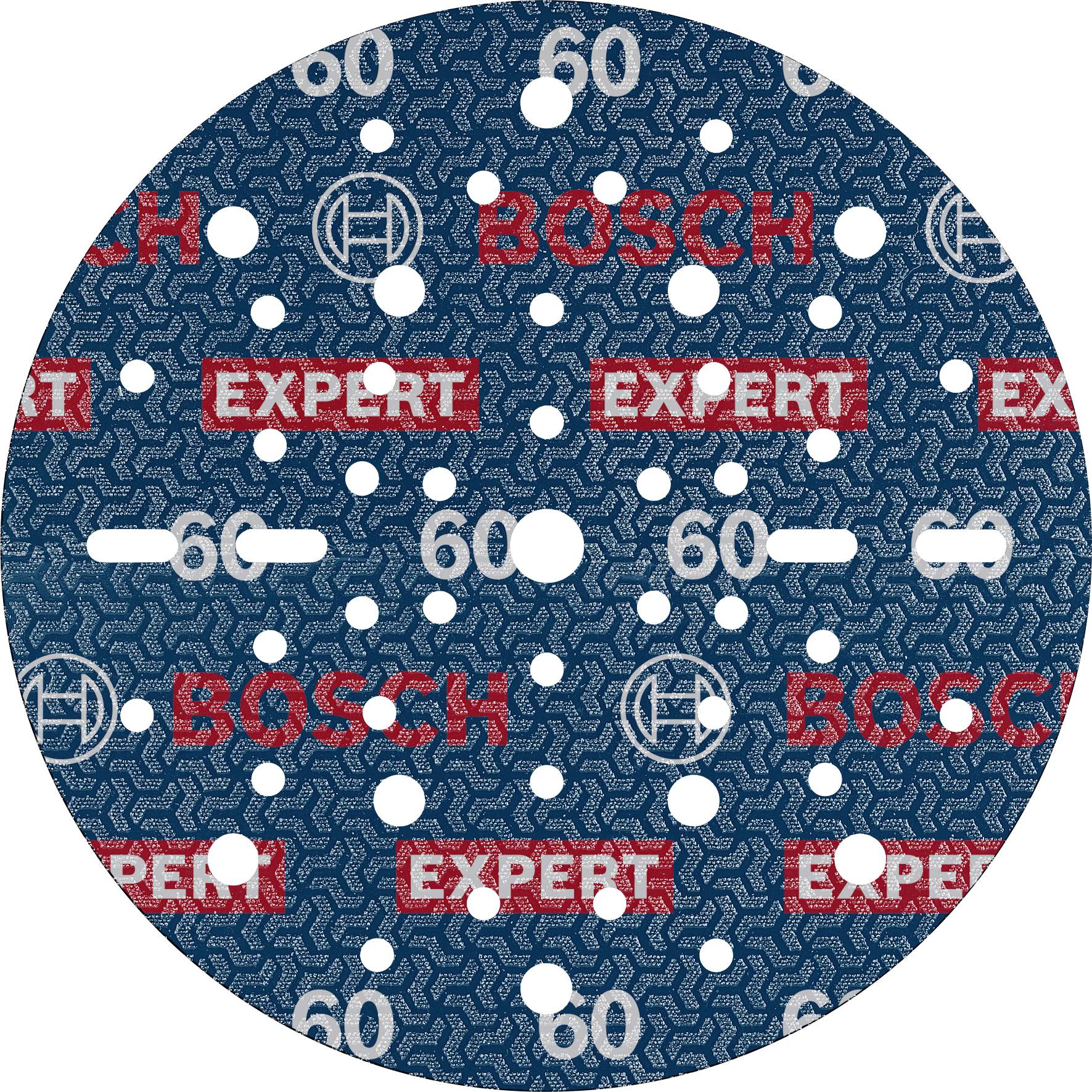 Schleifscheibe mit Bosch-Logo und Aufschrift 'EXPERT', Körnung 60, blau mit roten Akzenten, mehrere Löcher für Staubabsaugung.