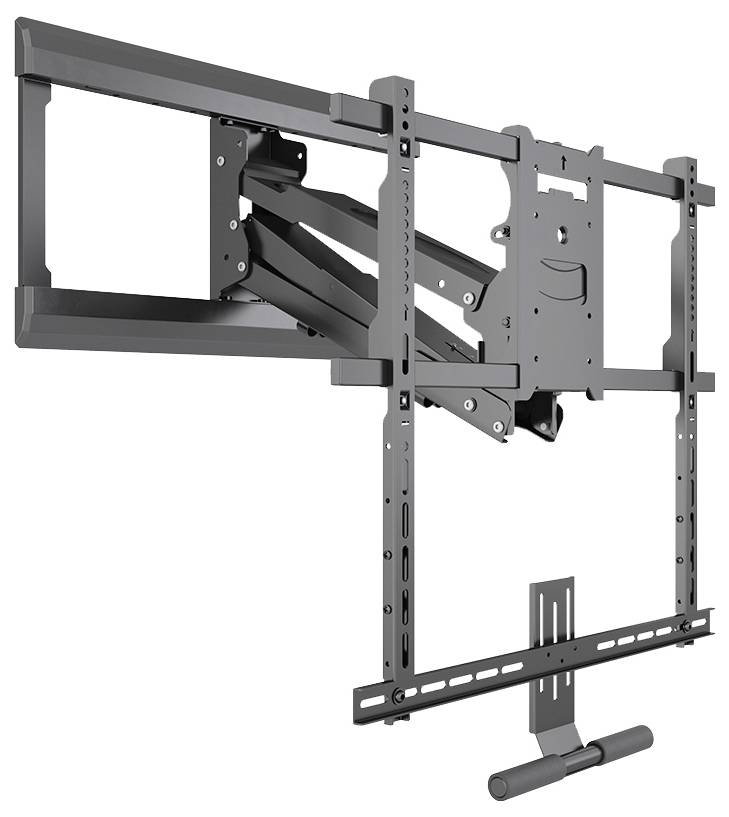 Schwarze TV-Halterung mit ausziehbarem Arm zur Wandmontage, geeignet für große Flachbildfernseher.