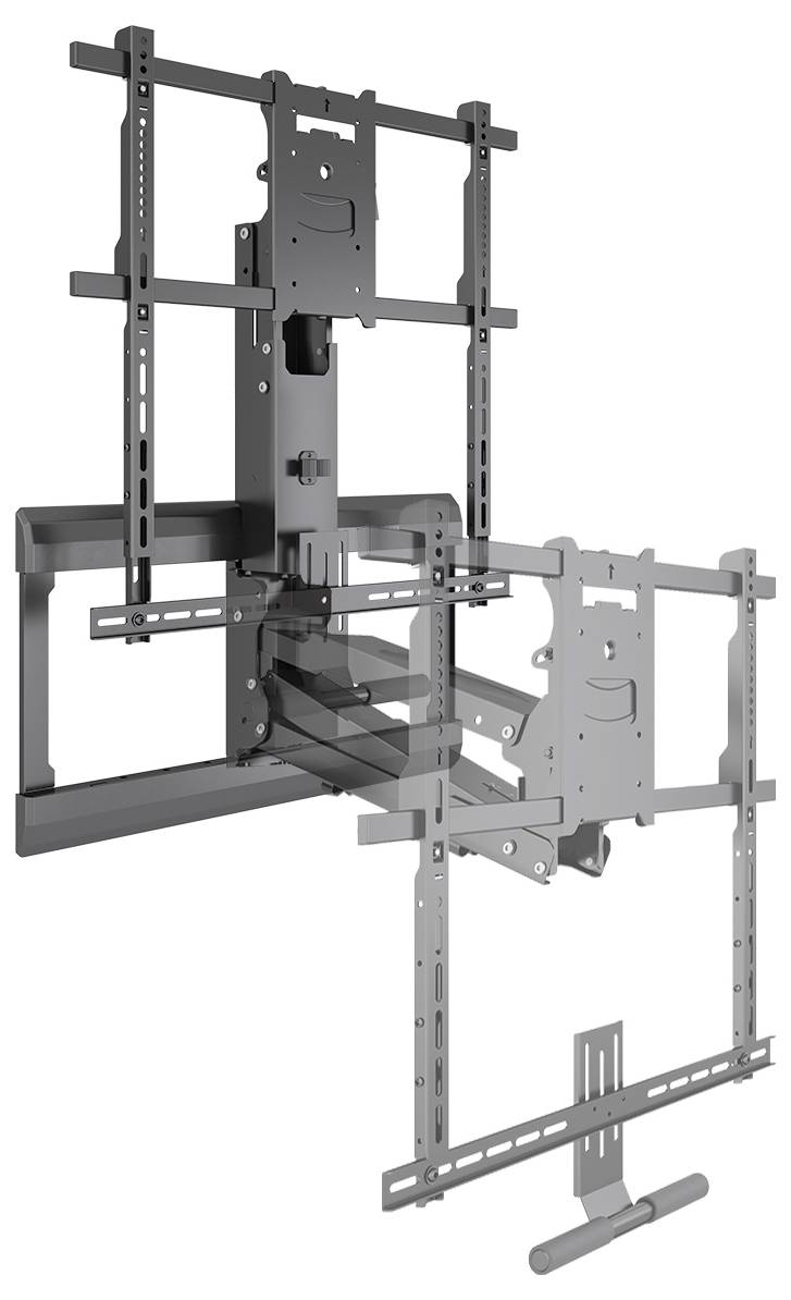 Ein verstellbarer TV-Wandhalterung, die in verschiedene Richtungen bewegt werden kann. Sie zeigt Armmechanismen und Halterungen.