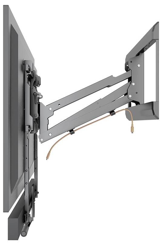 Seitenansicht eines verstellbaren Wandhalters mit Fernseher, zeigt flexible Armmechanismen und Verkabelung für anpassbare Montage.