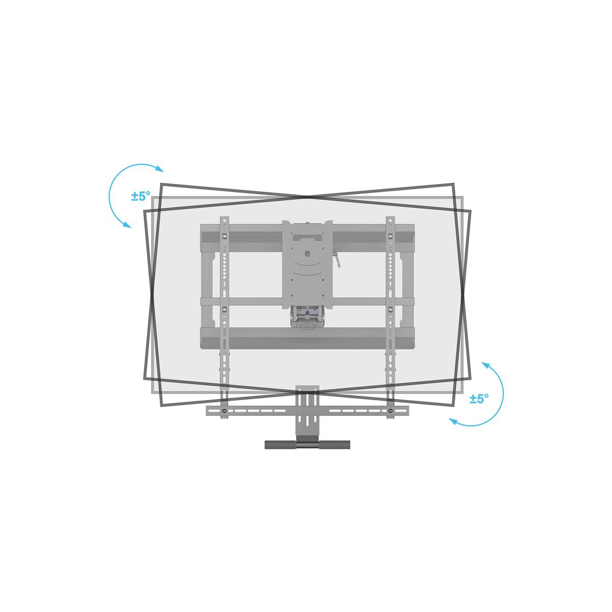 Illustration eines TV-Wandhalters mit Schwenkoptionen. Maximaler Schwenkwinkel: ±5°. Zeigt Montageplatte und Befestigungsschrauben.