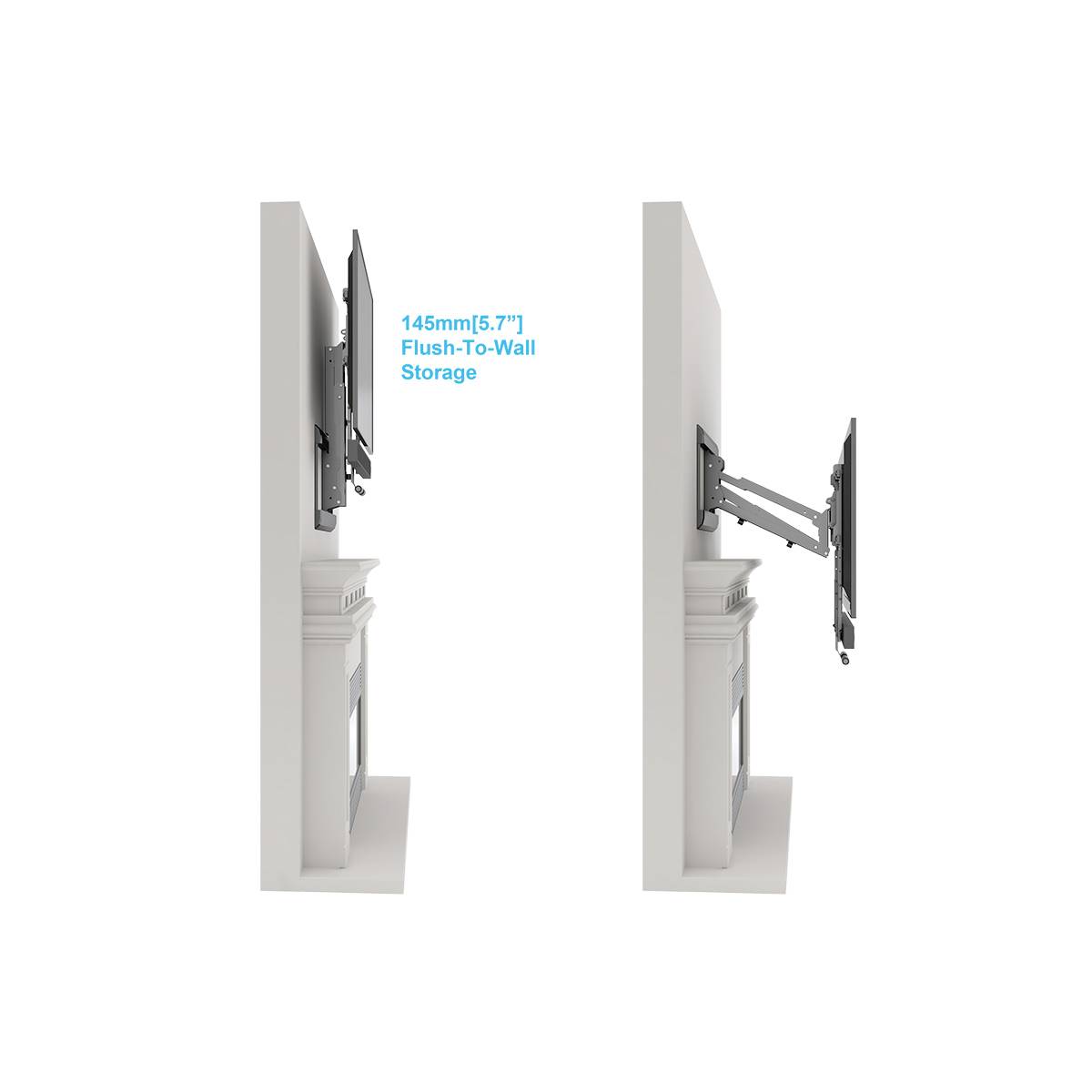 'Zwei TV-Wandhalterungen gezeigt: beide sind ausziehbar, eine eingezogen mit 145mm (5,7