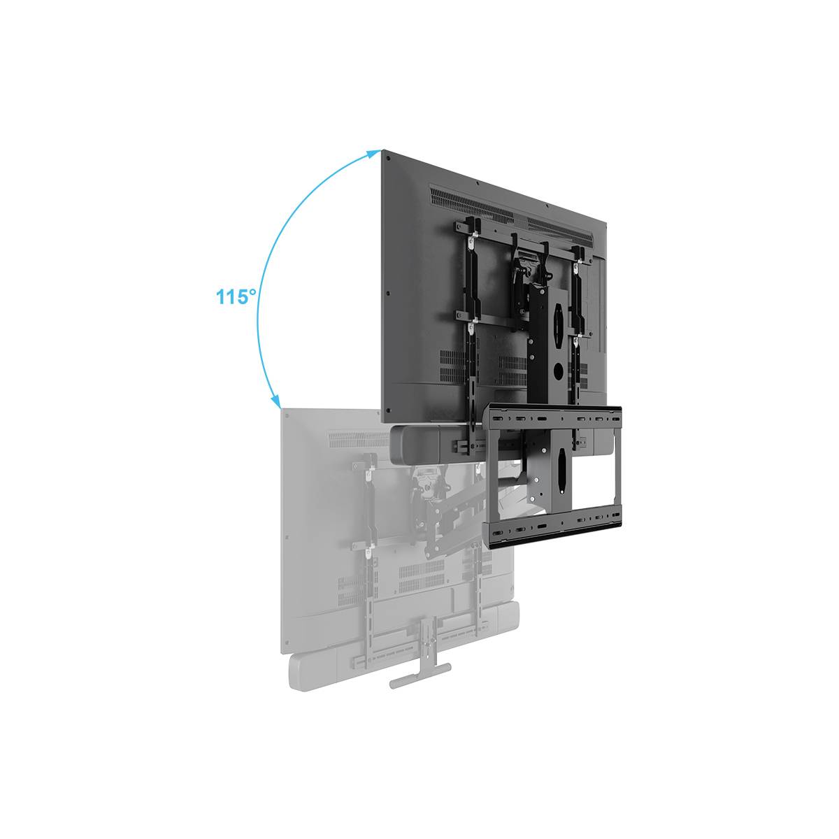 Ein Fernseher wird an einer Halterung gezeigt, die um 115 Grad schwenkbar ist. Das ermöglicht flexible Betrachtungswinkel.