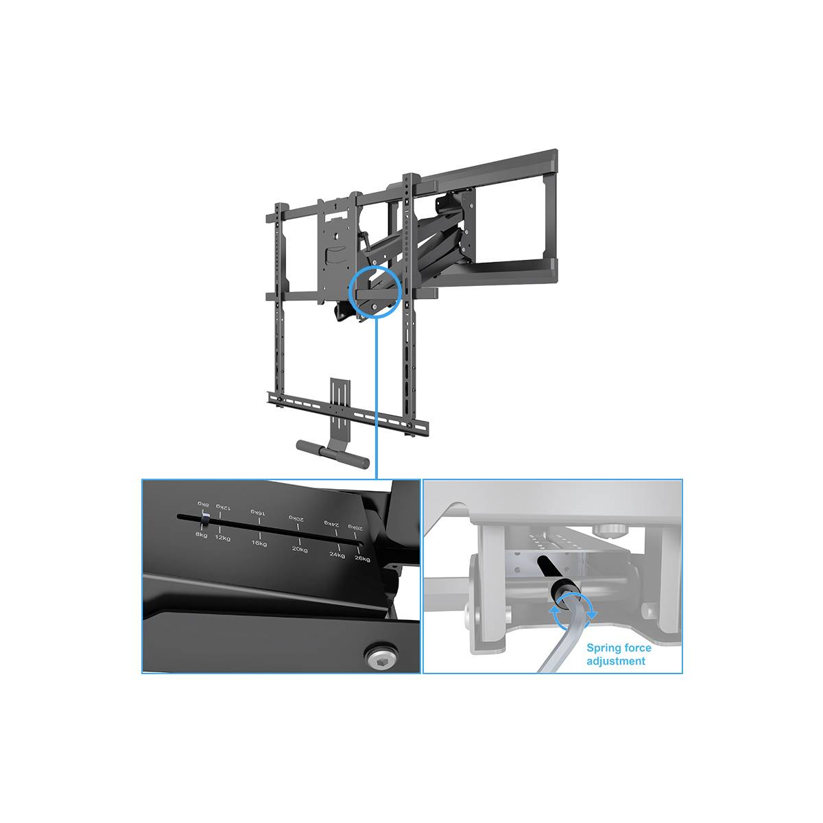 'Wandhalterung für TV' zeigt Montageprozess. Hauptbild: Halterung an der Wand. Kleine Bilder: Details der Federkraftverstellung.