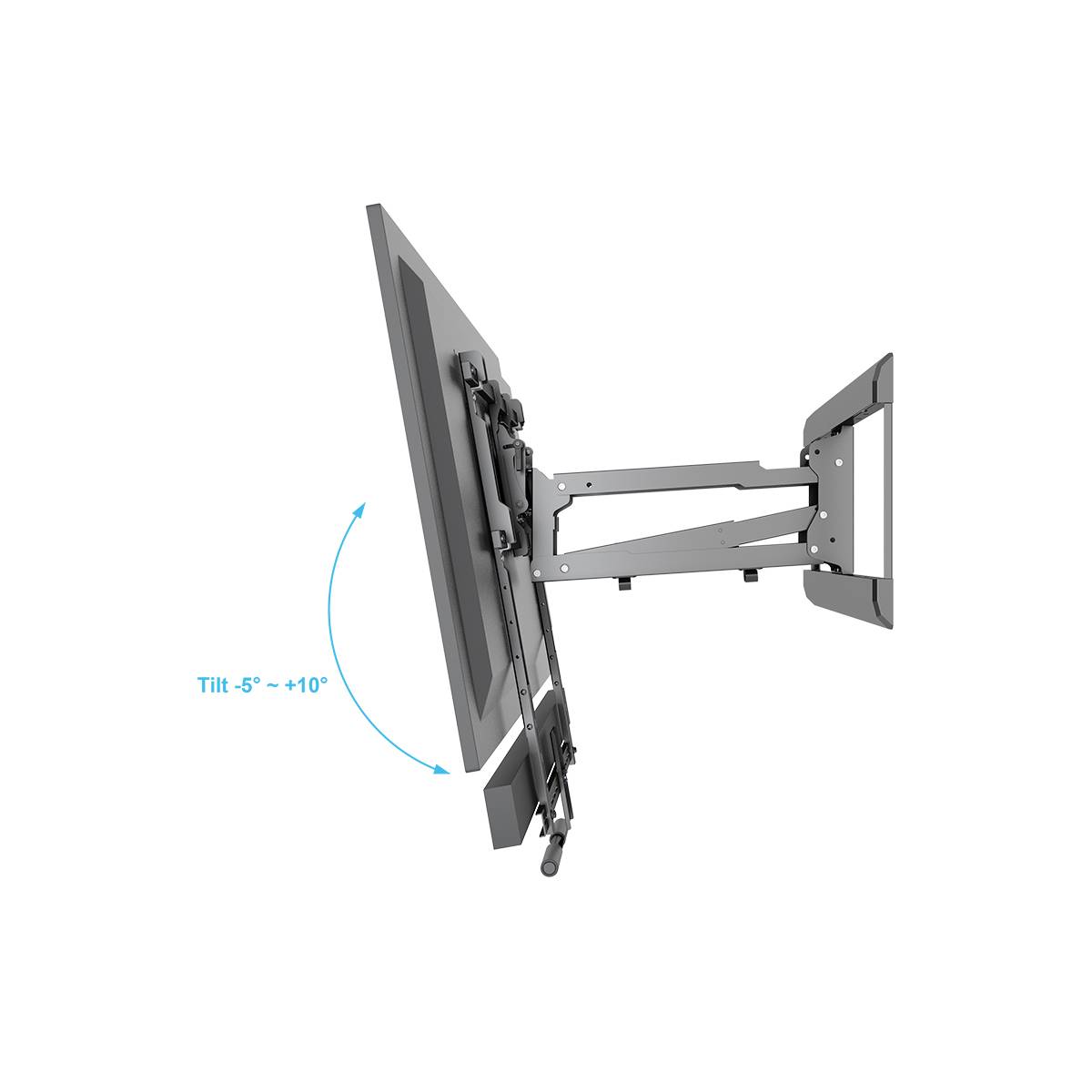 Vertikale Seitensicht eines neigbaren Wandhalterungsmechanismus für Flachbildschirme, mit Neigungswinkel von -5° bis +10°.