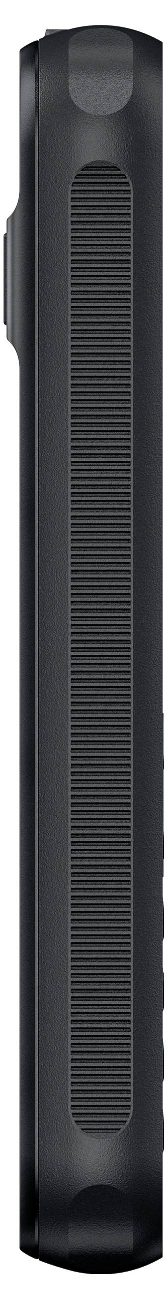 Schwarzes Smartphone, seitlich gezeigt, mit strukturiertem Griff und abgerundeten Kanten.