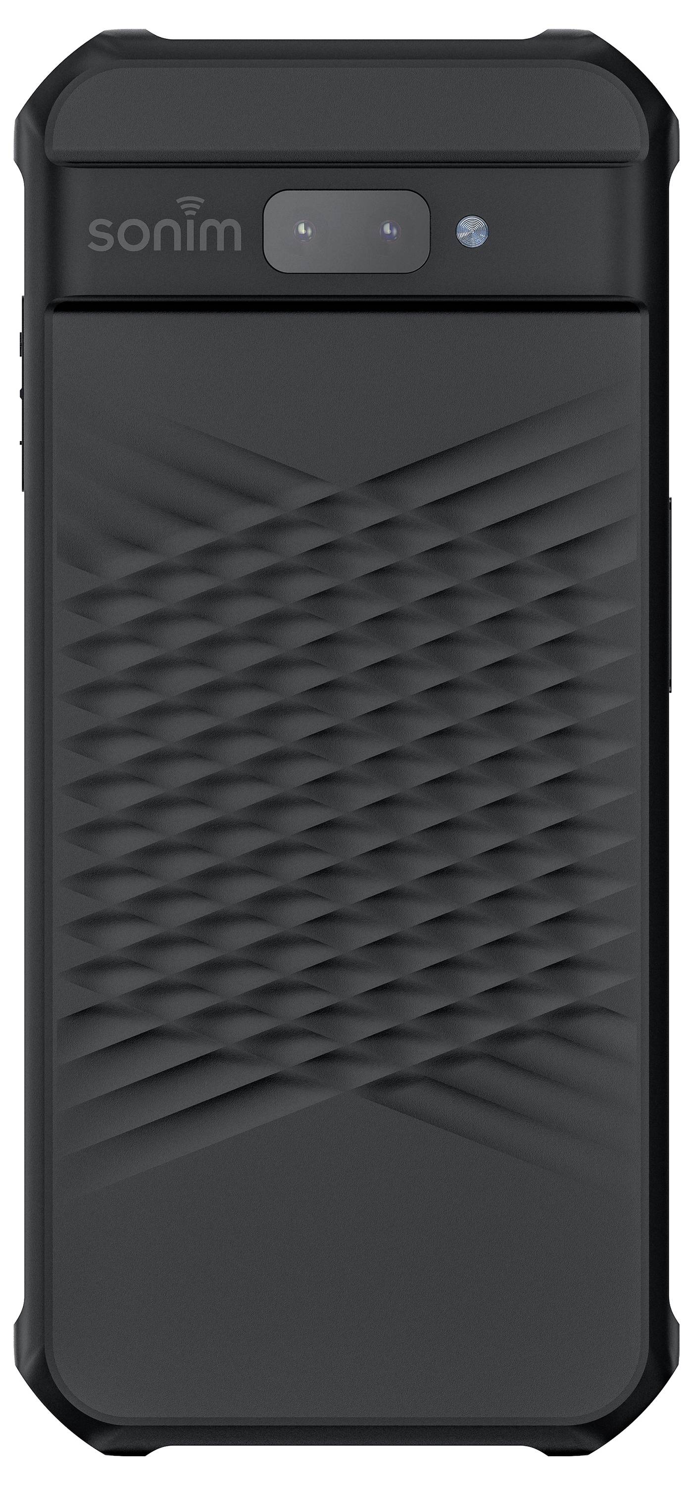 Robustes schwarzes Mobiltelefon mit strukturiertem Rückendeckel und Doppelkamera. Markennamen 'sonim' oben links.