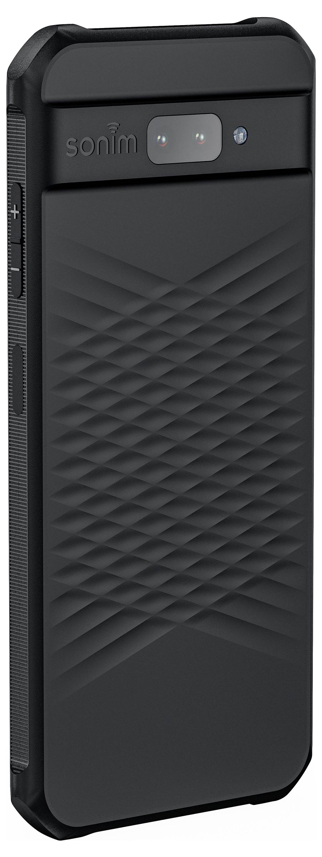 Schwarzes, robustes Mobiltelefon mit strukturiertem Rückseitendesign und sichtbaren Kameraobjektiven oben.