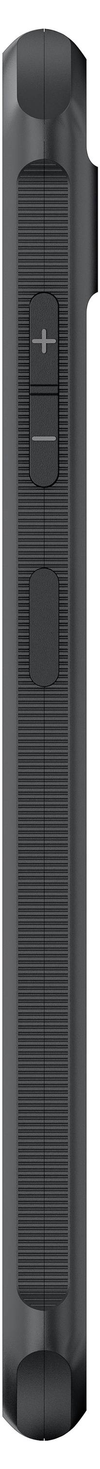 Schwarze, zylindrische Soundbar mit Sicht auf die Oberseite. Gehäuse hat ein Knopf in der Mitte mit Symbolen '+' und '-'.