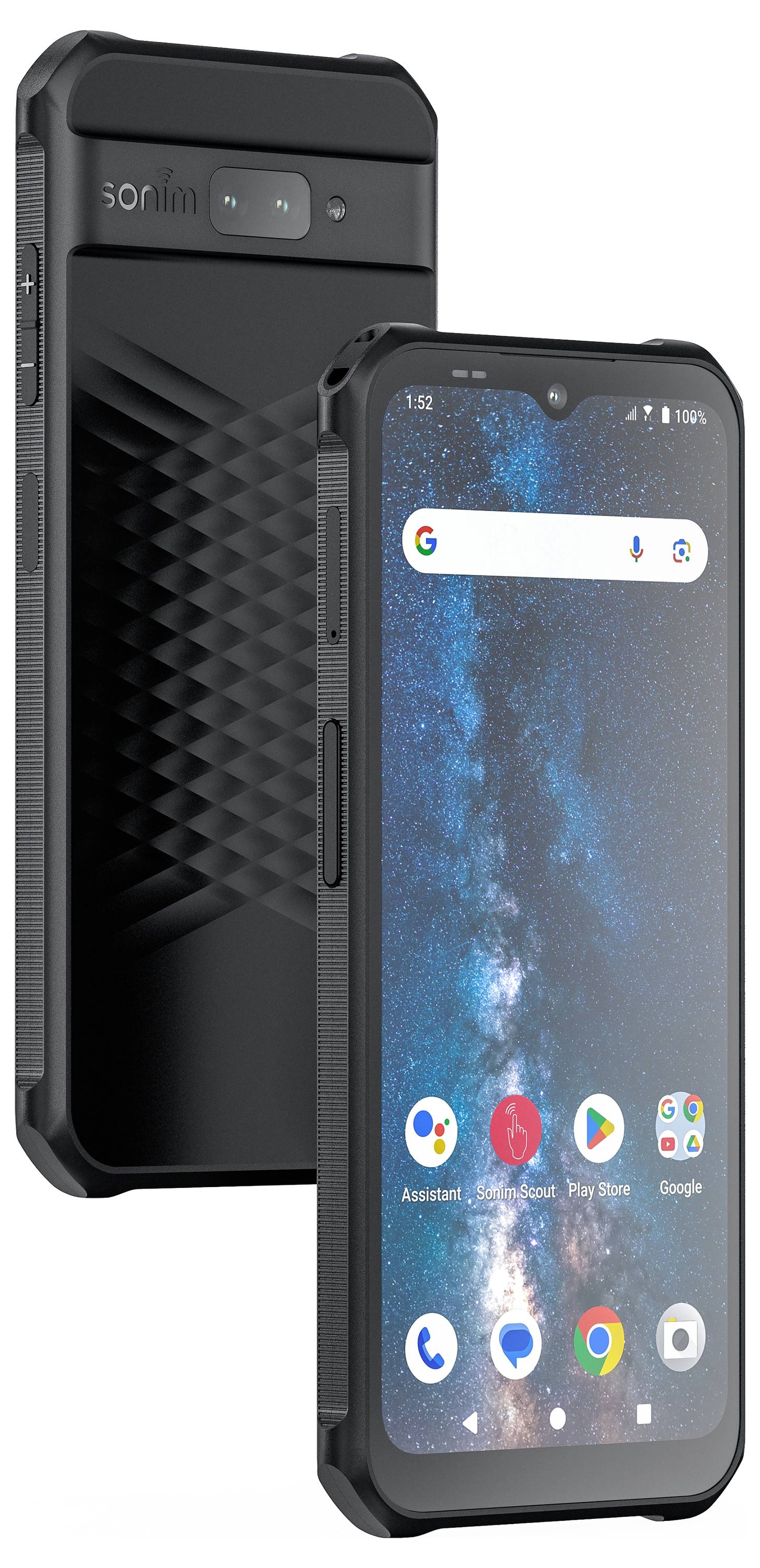 Zwei robuste Smartphones in Schwarz mit strukturierten Rückseiten und großen Displays. Sie zeigen eine einfache Benutzeroberfläche.