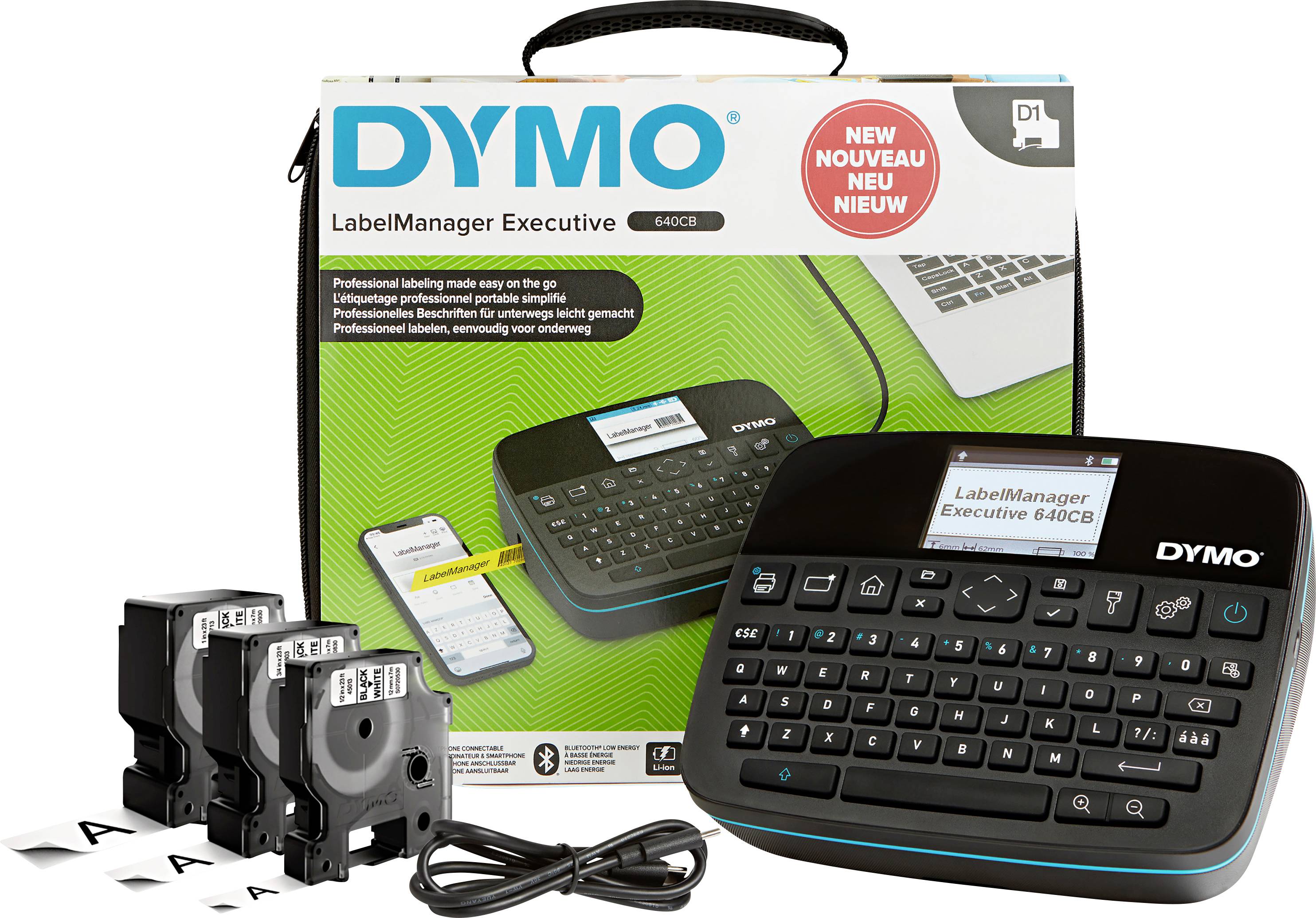 Dymo LabelManager 360D Etikettiergerät mit Verpackung, drei Bandkassetten und USB-Kabel. Geeignet für professionelle Beschriftung.