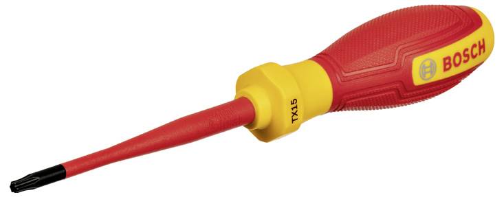 Ein roter Schraubendreher mit gelbem Griff, der die Aufschrift 'BOSCH' und die Kennzeichnung 'TX15' trägt.