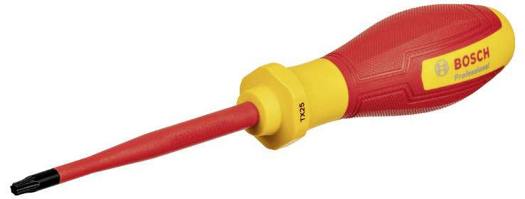Ein roter und gelber Schraubendreher mit einem isolierten Griff; markiert mit 'Bosch Professional' und der Größe 'T25' auf dem Griff.