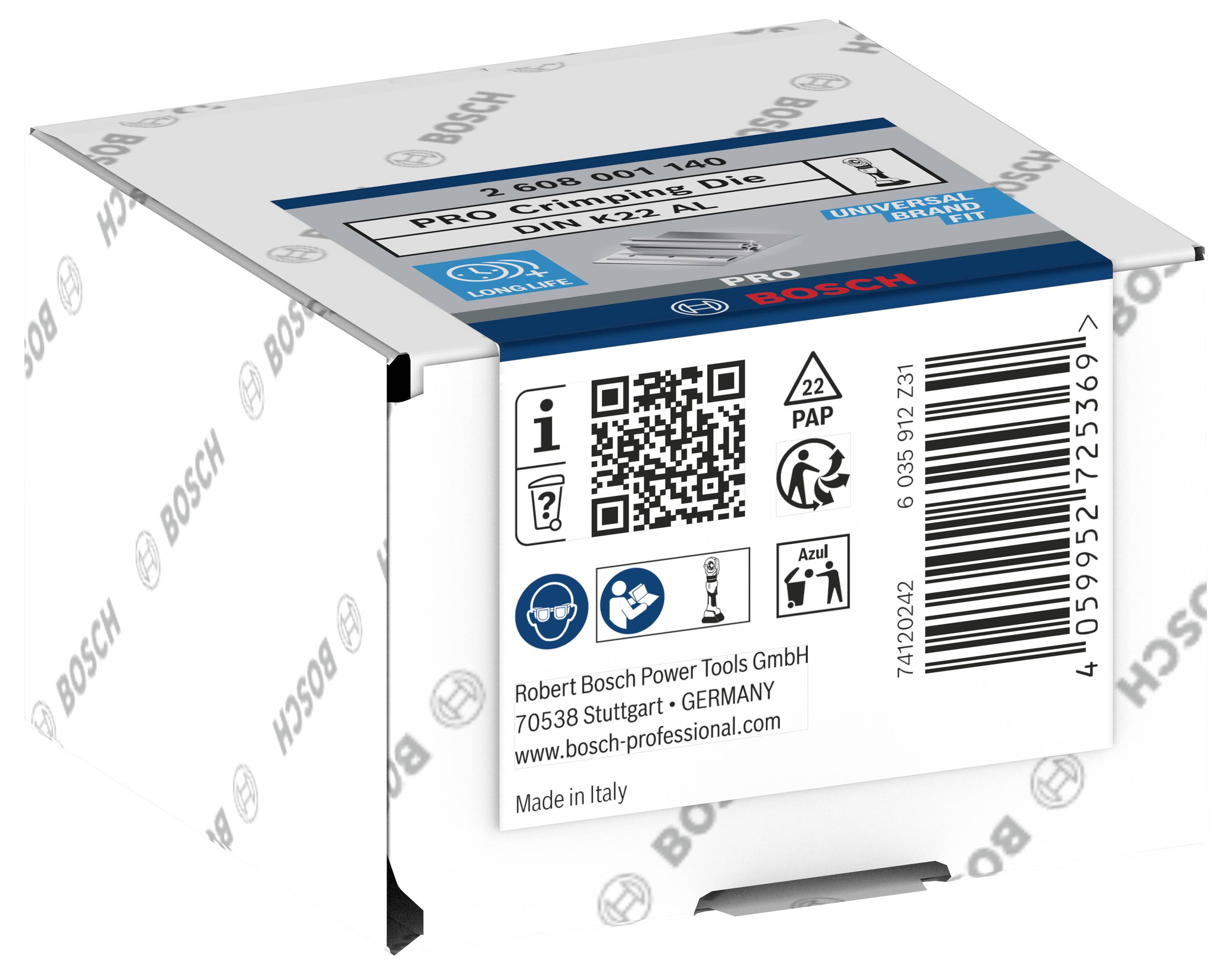 Etikett einer Bosch-Verpackung mit Produktinformationen zu einem Bohrer, inkl. QR-Code, Recycling-Symbolen und Herstellerdetails.