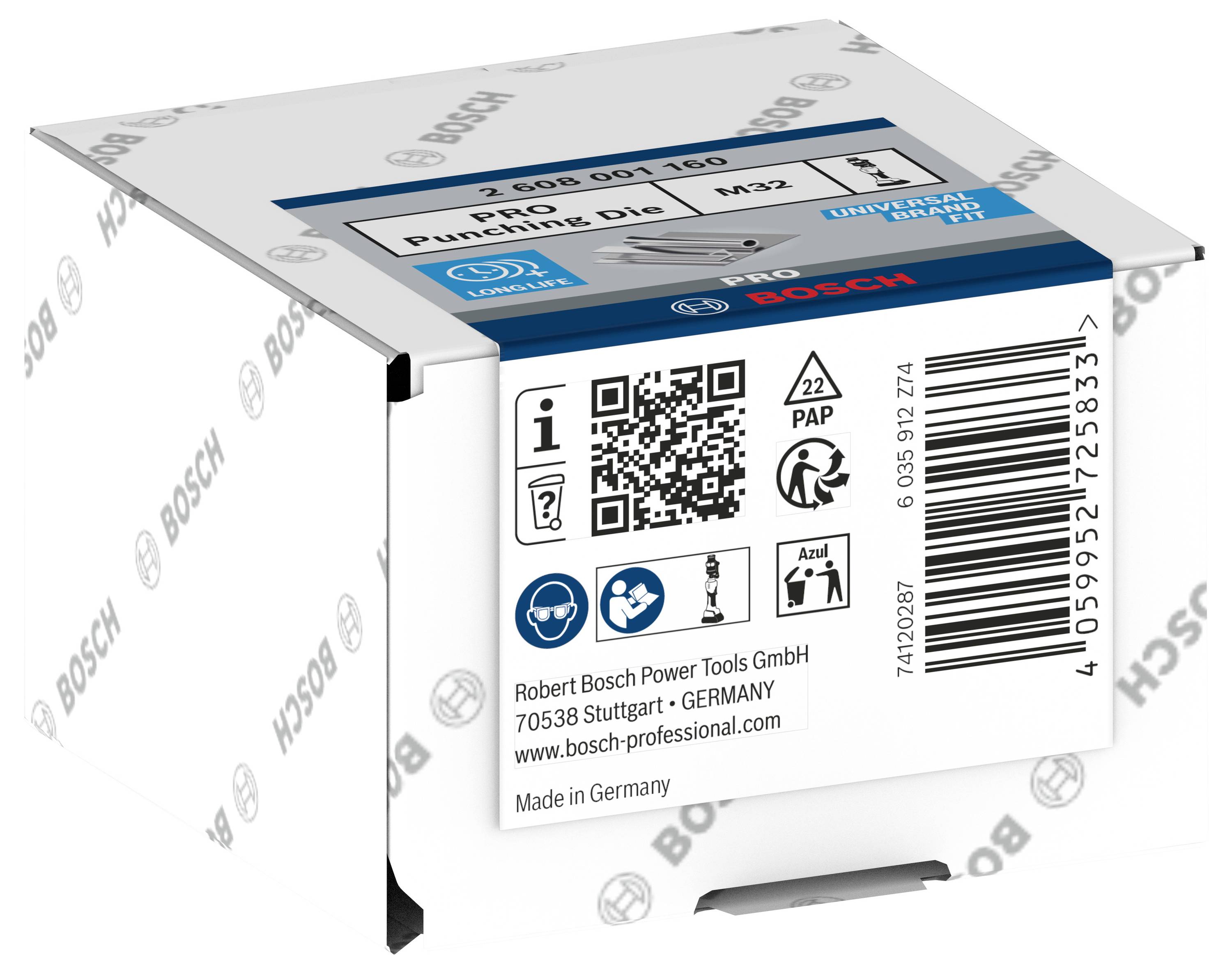 'Bosch Pro Stanzwerkzeug M32' auf Verpackung. Enthält QR-Code, Recycling-Symbole und Firmenadresse. Herstellungsort: Deutschland.