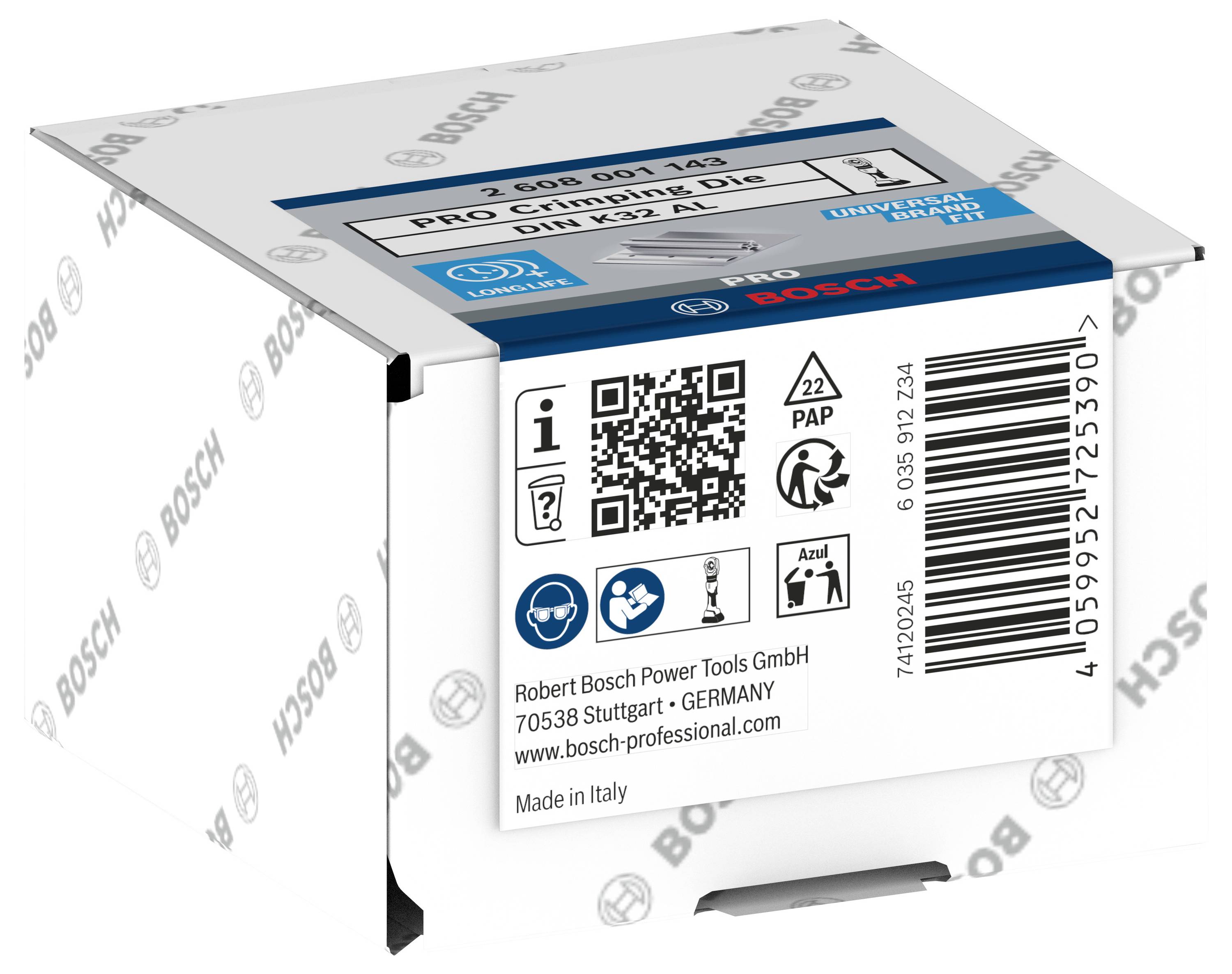 Kartonverpackung von Bosch, enthalten ist eine Diamanttrennscheibe. Aufgedruckt sind Barcode, Recycling- und Herstellerinformationen.