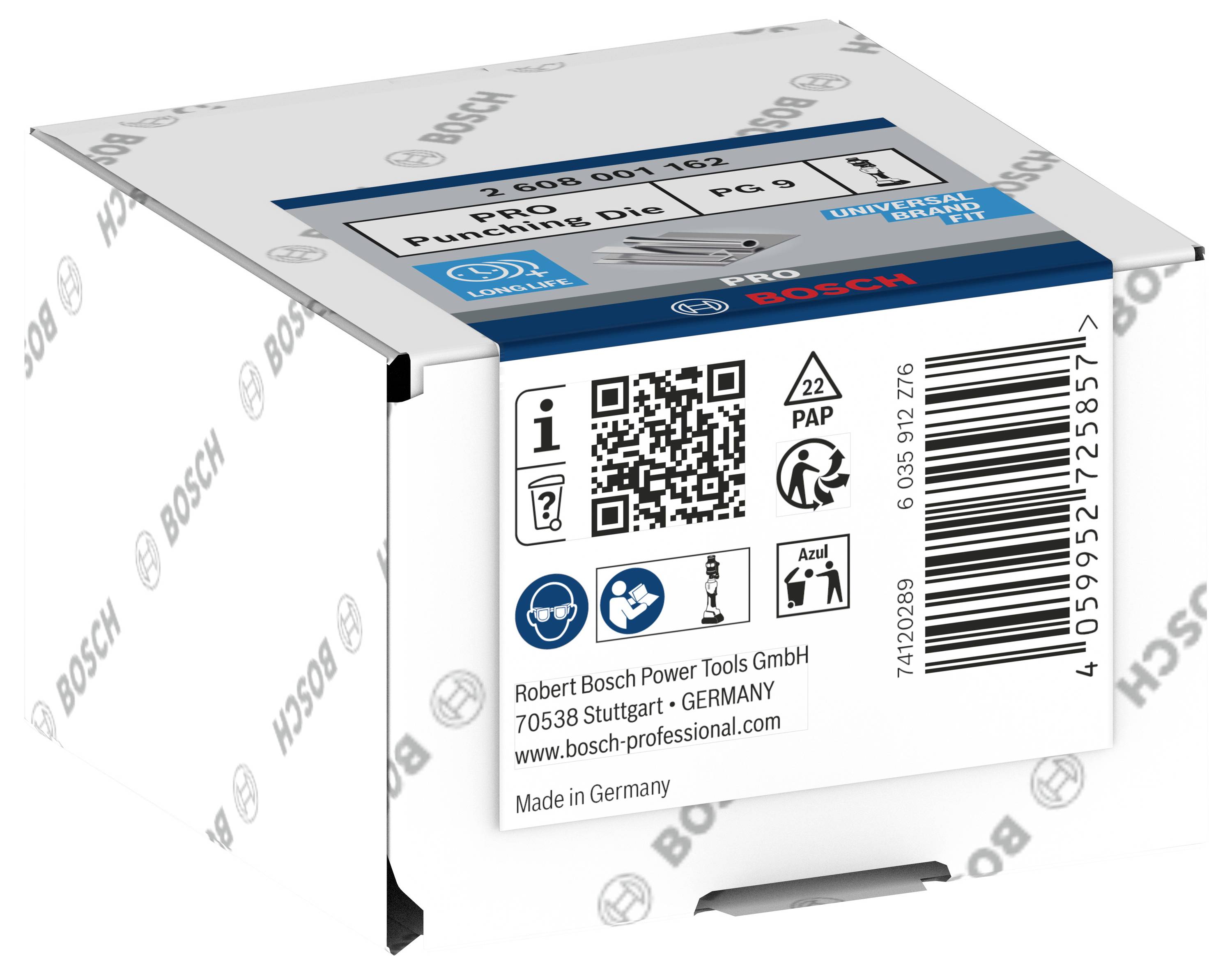 Eine weiße Verpackung für Bosch-Stanzwerkzeug mit Barcode, QR-Code und relevanten Produktinformationen in einer blauen Box.