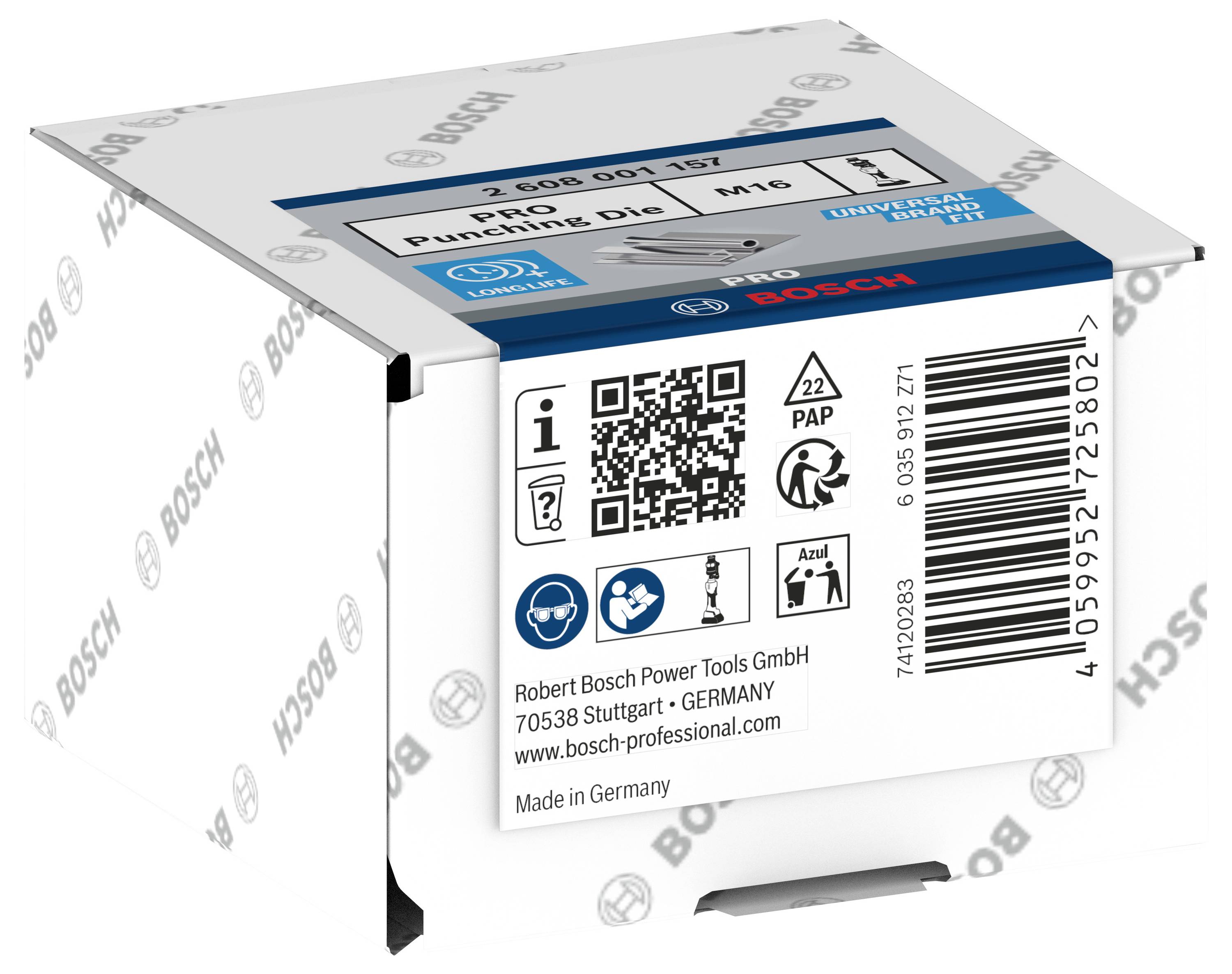 Verpackung einer Bosch Stanz-Matrize mit Produktdetails, QR-Code und Recycling-Symbolen. Hergestellt in Deutschland.