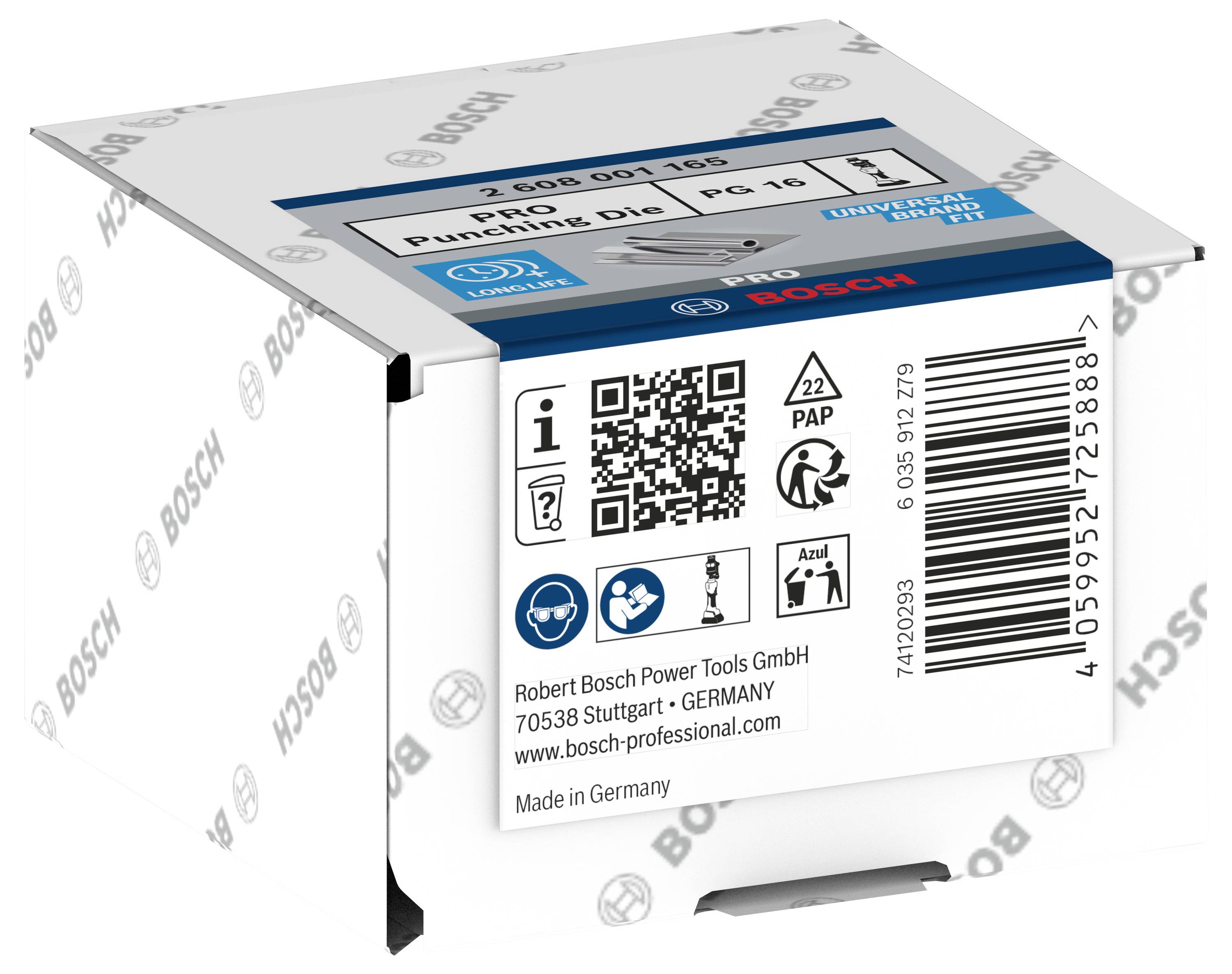 Verpackung für Bosch Power Tools aus Stuttgart, Deutschland. Enthält einen QR-Code, Recycling-Symbole und den Text 'Made in Germany'.