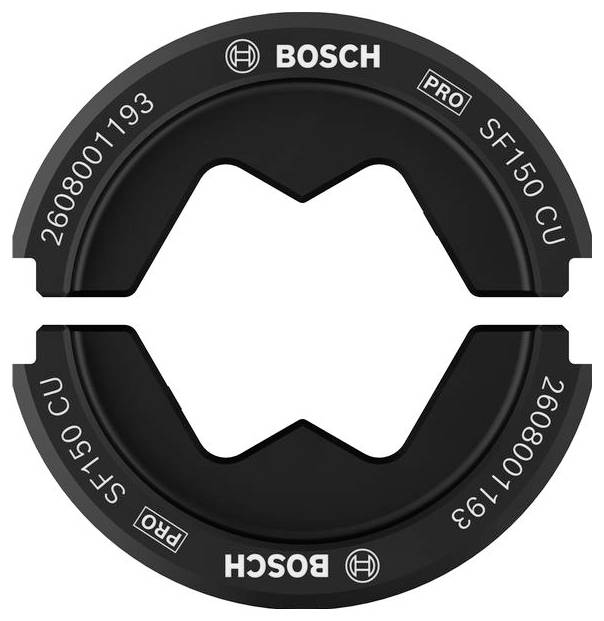 Zwei identische, halbrunde metallische Elemente mit der Aufschrift 'Bosch' und 'SF150 CU', die ein geschlossenes Kreisdesign bilden.