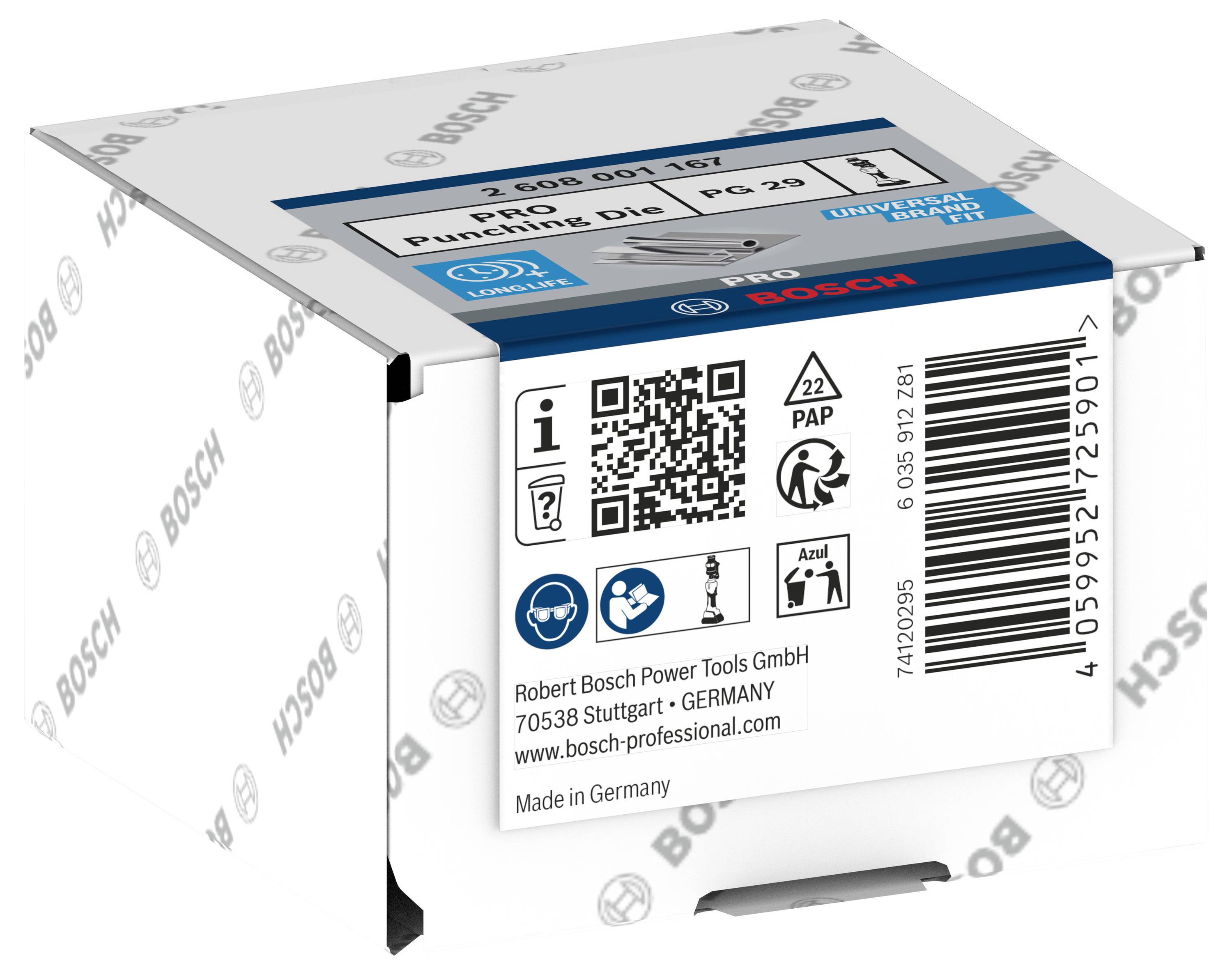 Eine Schachtel mit Bosch-Stanzwerkzeug. Der Barcode, QR-Code und Recycling-Symbole sind aufgedruckt. Herstellungsland: Deutschland.