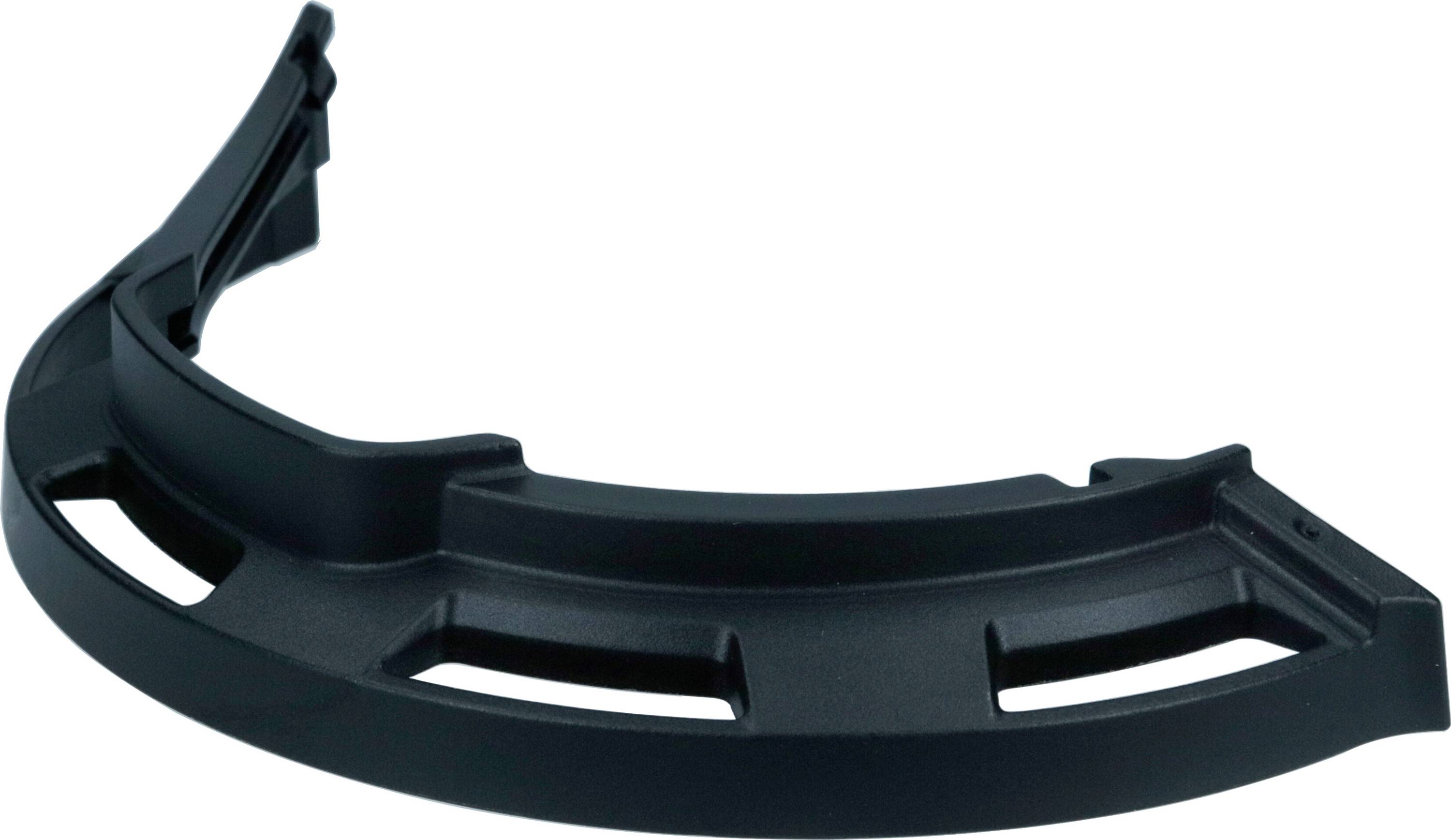 Schwarzes, gebogenes Kunststoffteil mit mehreren rechteckigen Öffnungen, möglicherweise Teil eines technischen oder mechanischen Geräts.