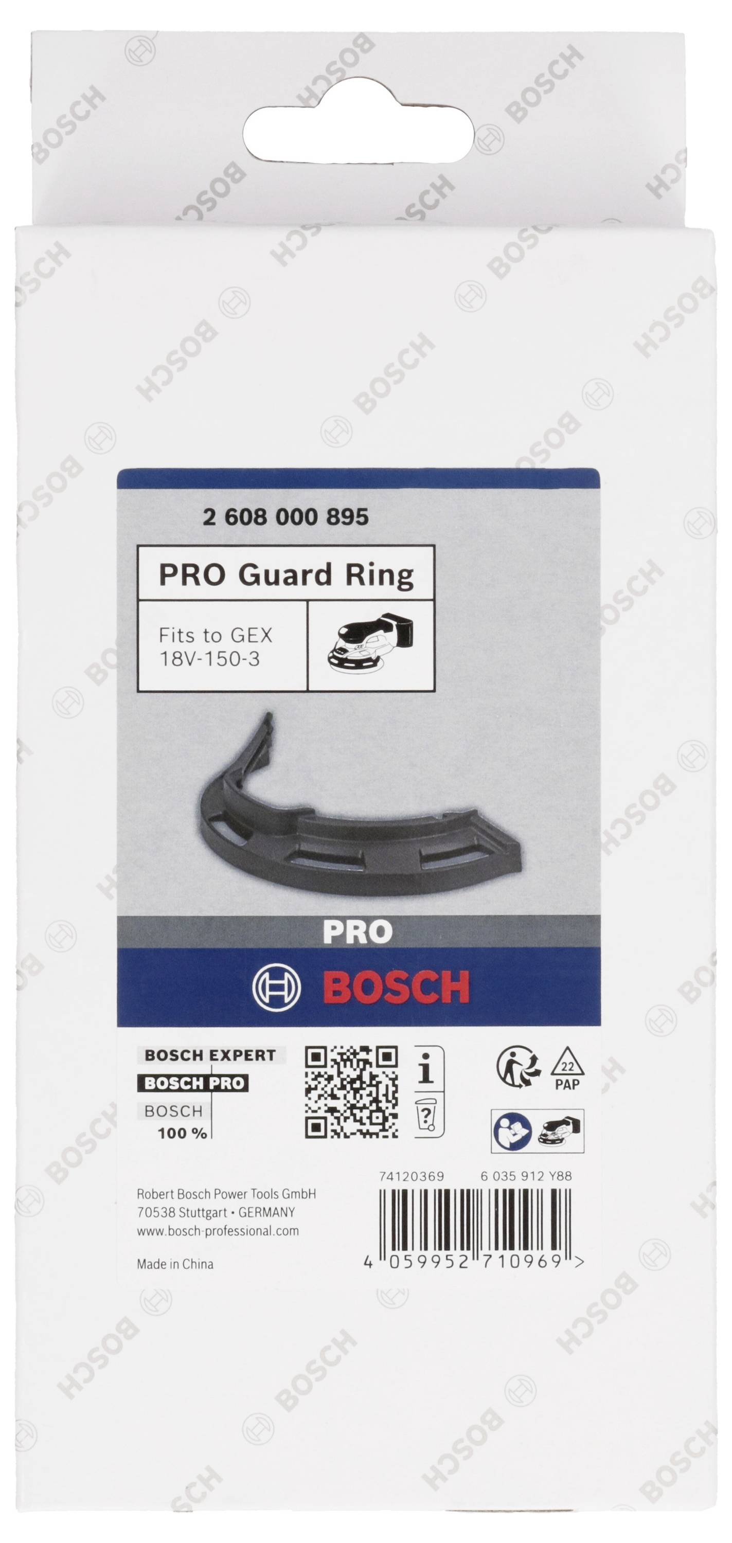 Verpackung für 'PRO Guard Ring' von Bosch, passend für GEX 18V-150-3. Zeigt Produktbild und Logos. Details zur Kompatibilität und Marke.