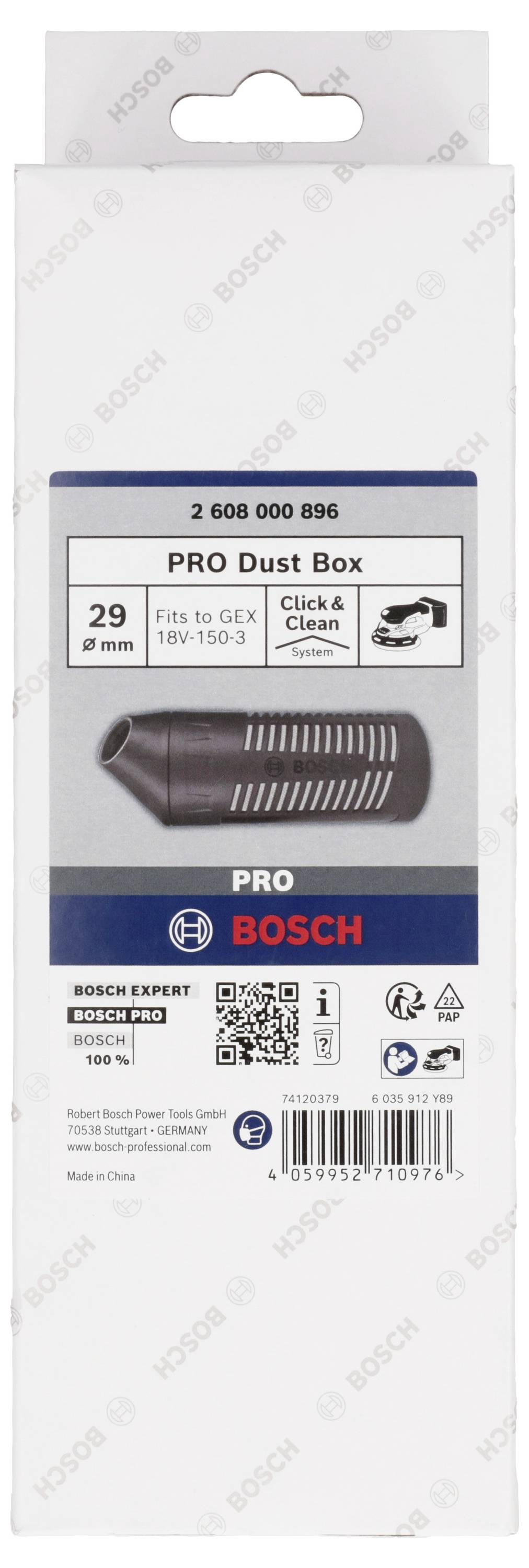 'PRO Dust Box', passend für GEX 18V-150-3, zeigt ein Bild des Zubehörteils. Hersteller: Bosch. Enthält QR-Code und Produktdetails.